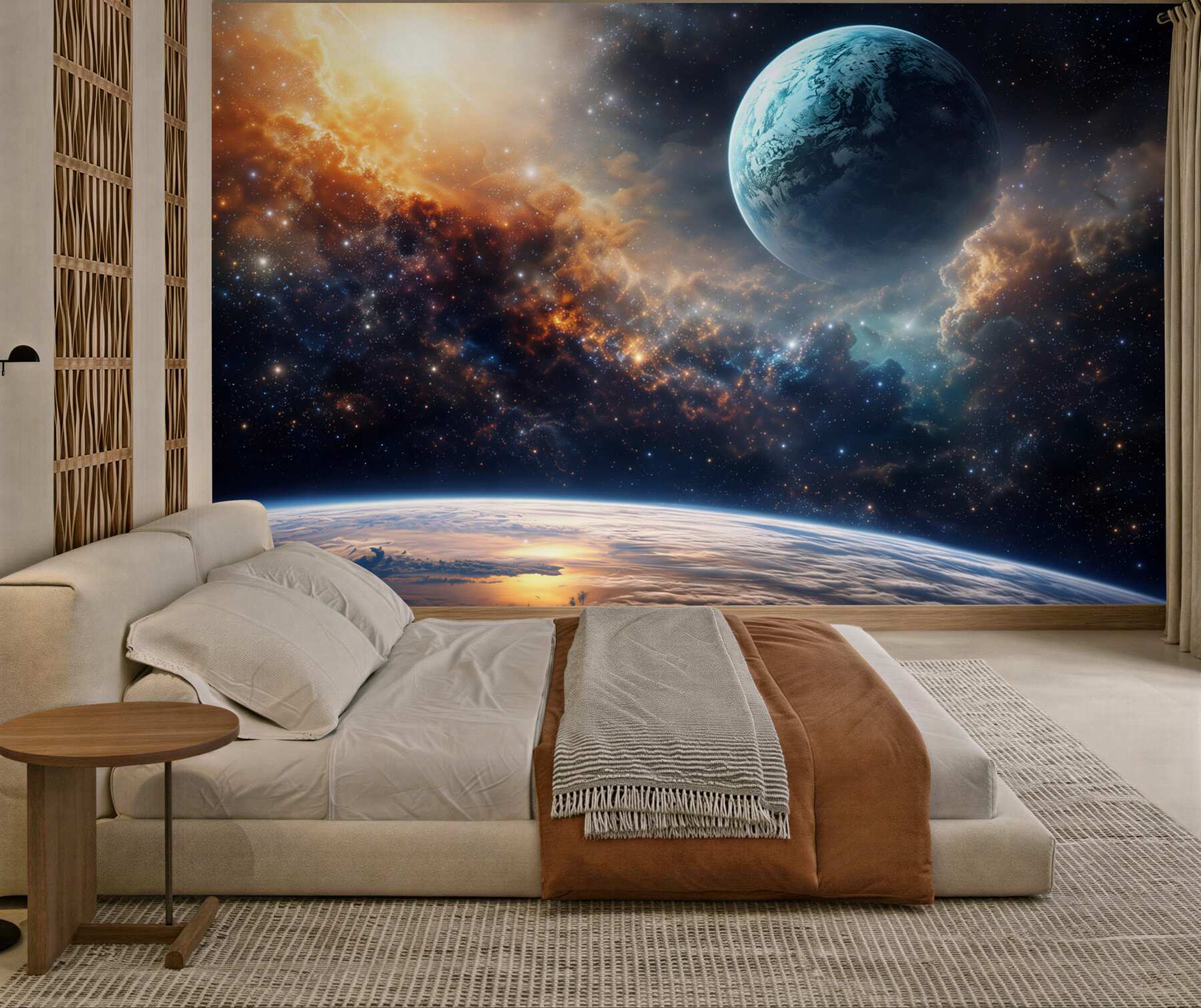 Fototapeta kosmos z planetą i gwiazdami wśród mgławic