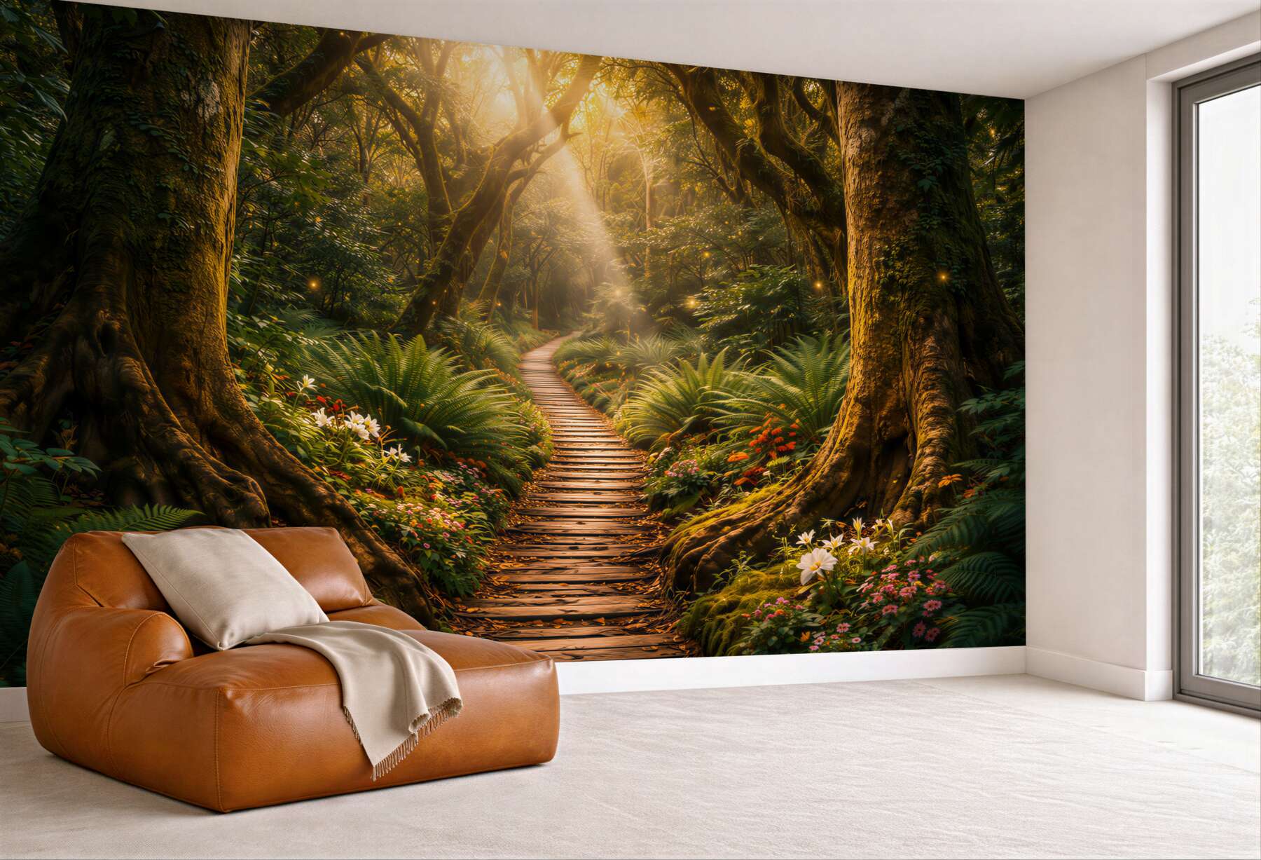 Fototapeta magiczna leśna ścieżka wśród kwiatów i starych drzew