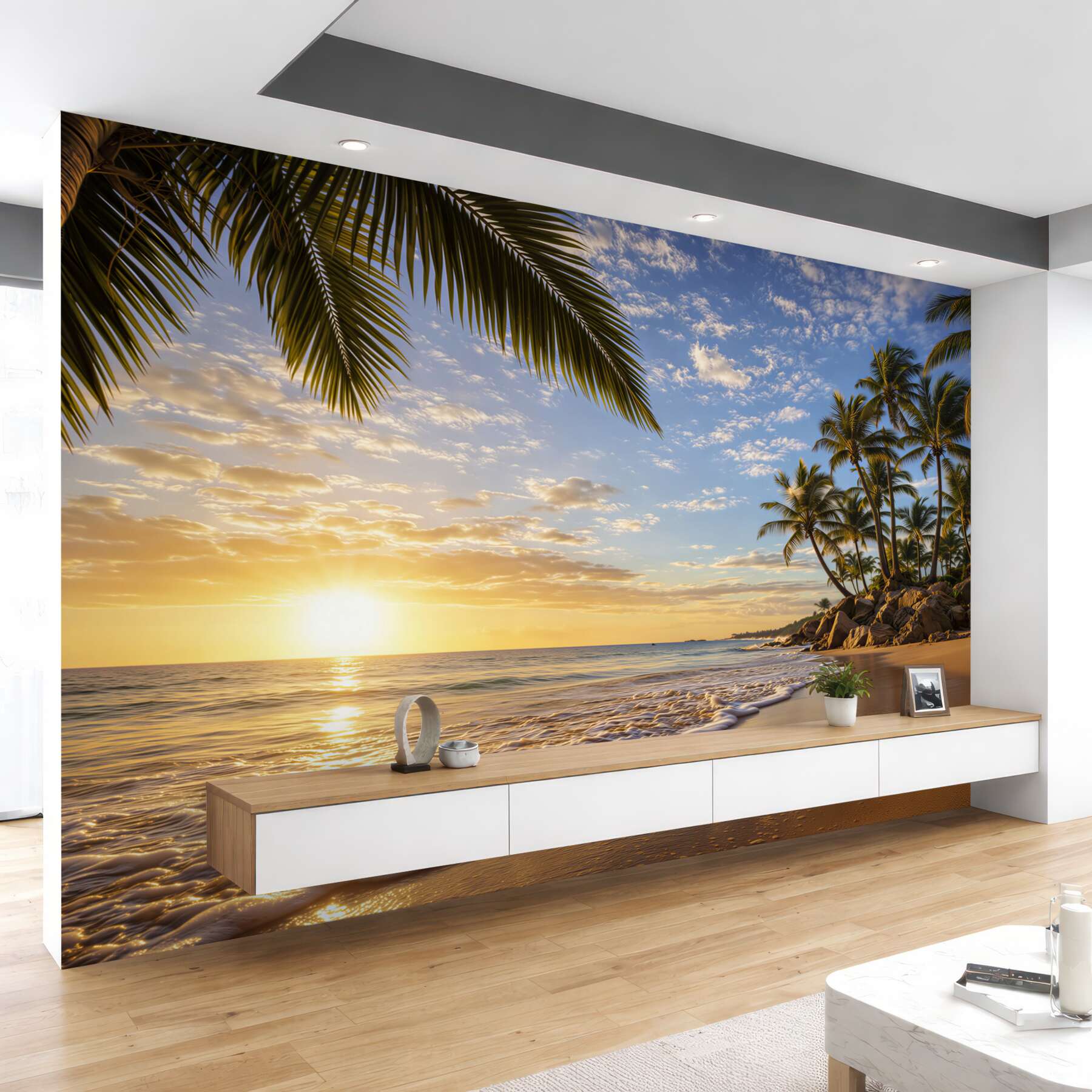 Fototapeta tropikalna plaża z palmami o zachodzie słońca