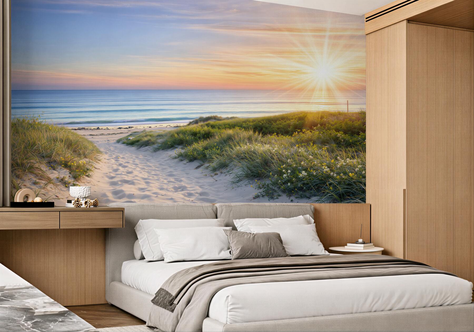 Fototapeta piaszczysta ścieżka na plażę o wschodzie słońca