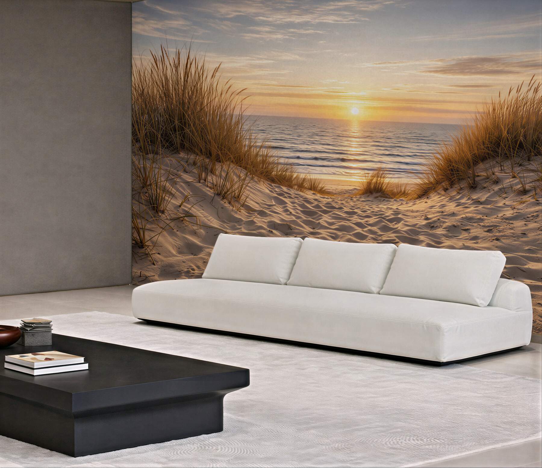 Fototapeta plaża o zachodzie słońca z wydmami i trawą nad morzem