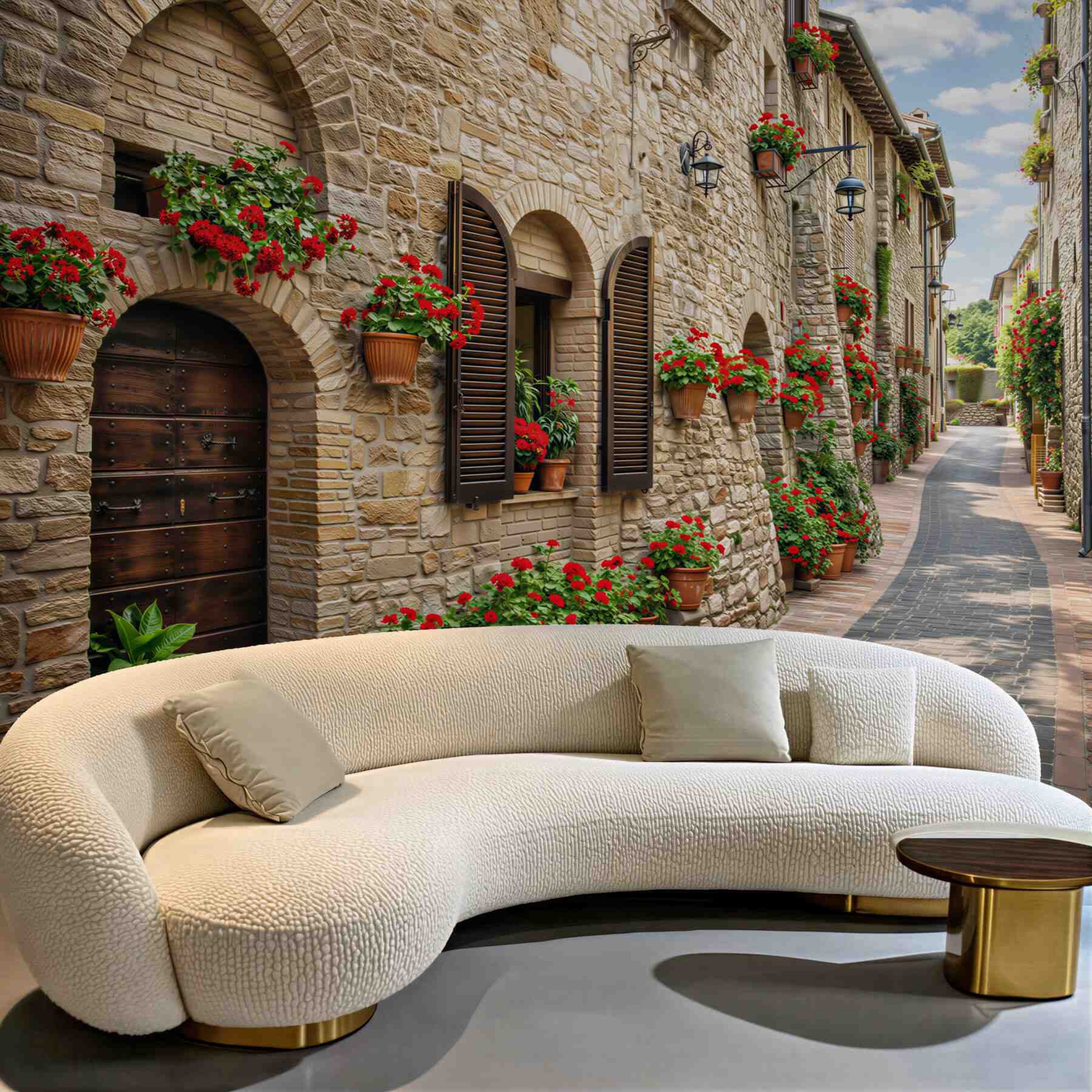 Fototapeta kamienna uliczka z czerwonymi kwiatami w śródziemnomorskim stylu