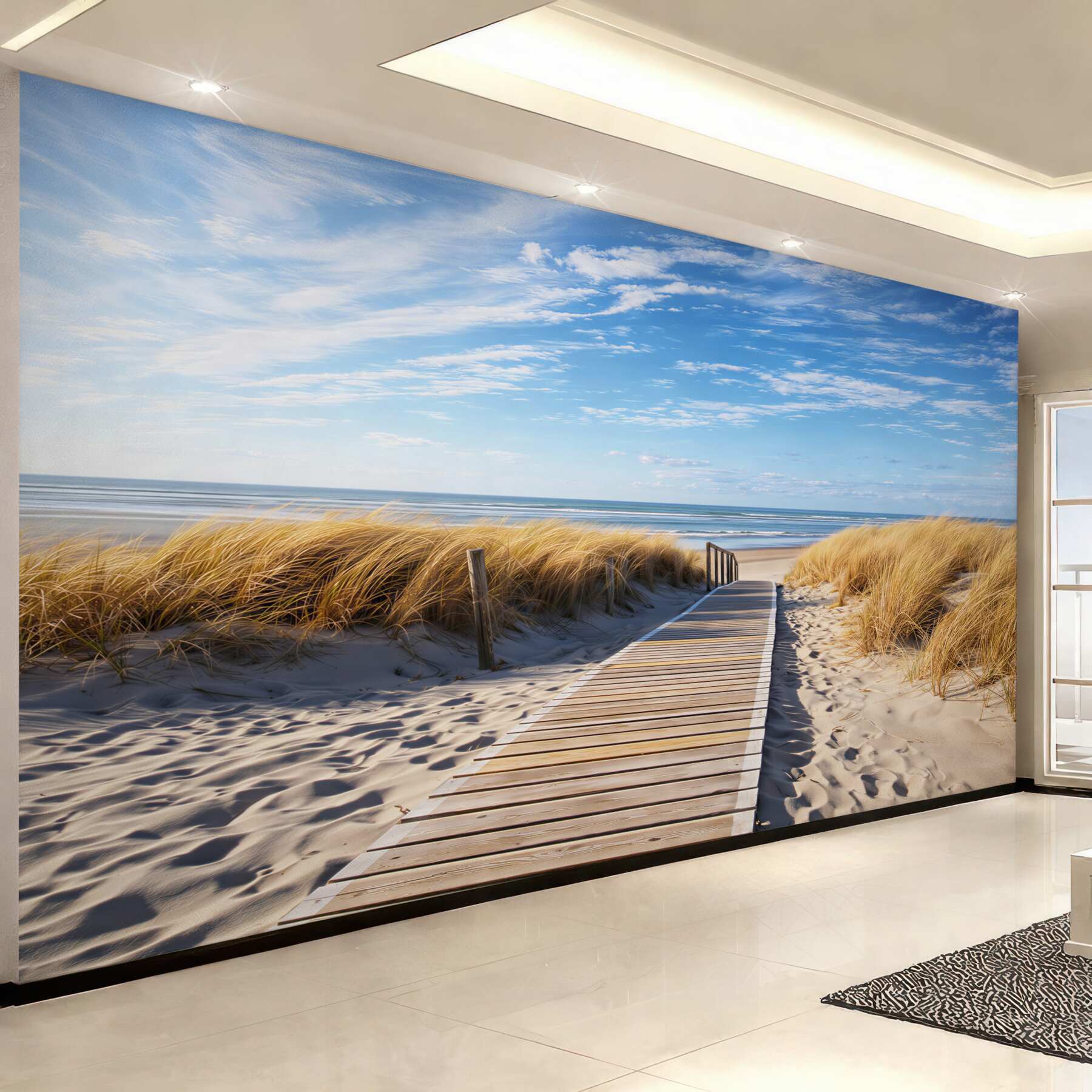 Fototapeta drewniana ścieżka przez wydmy na plażę błękitne niebo