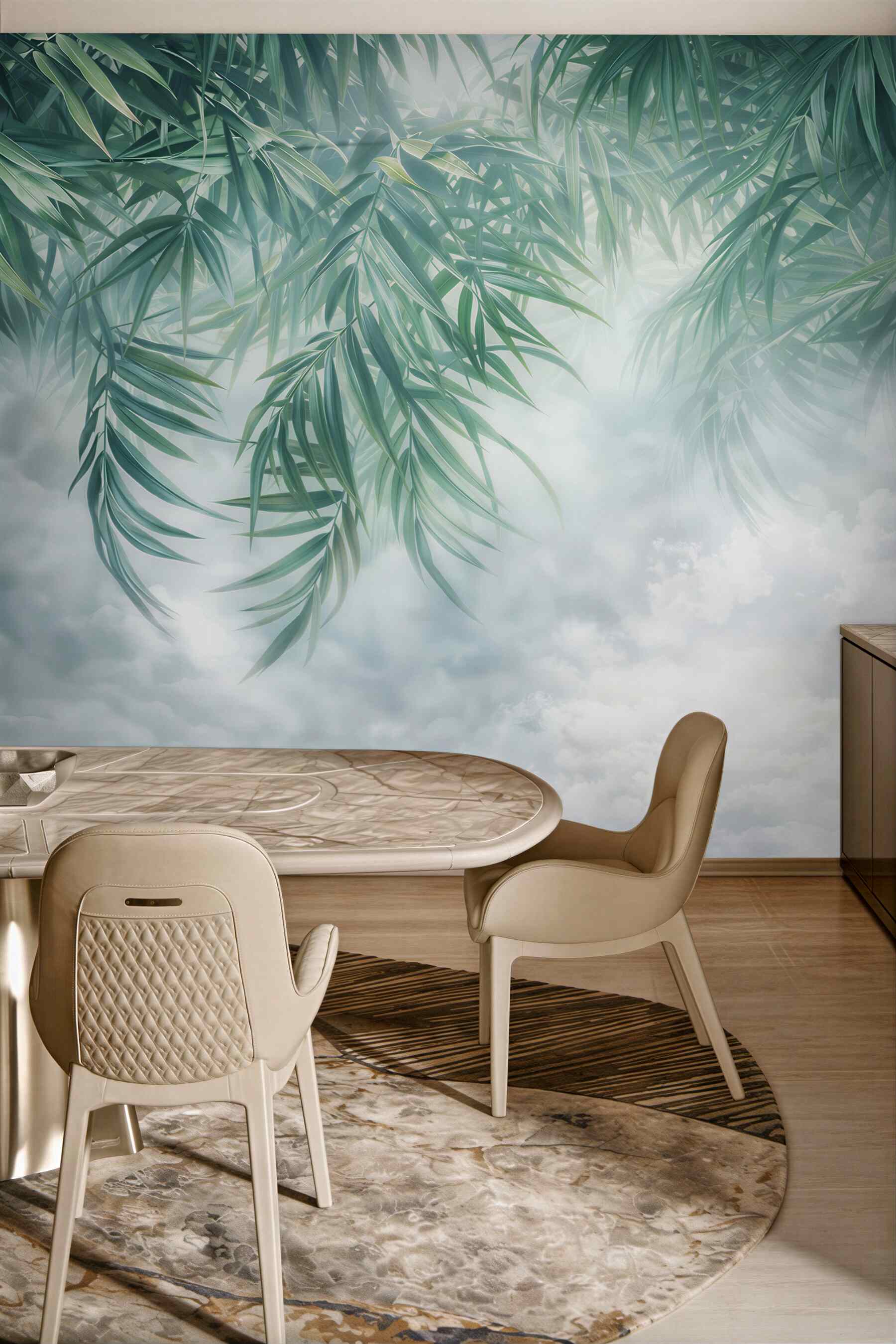 Fototapeta zielone liście palmowe w chmurach delikatna tropikalna