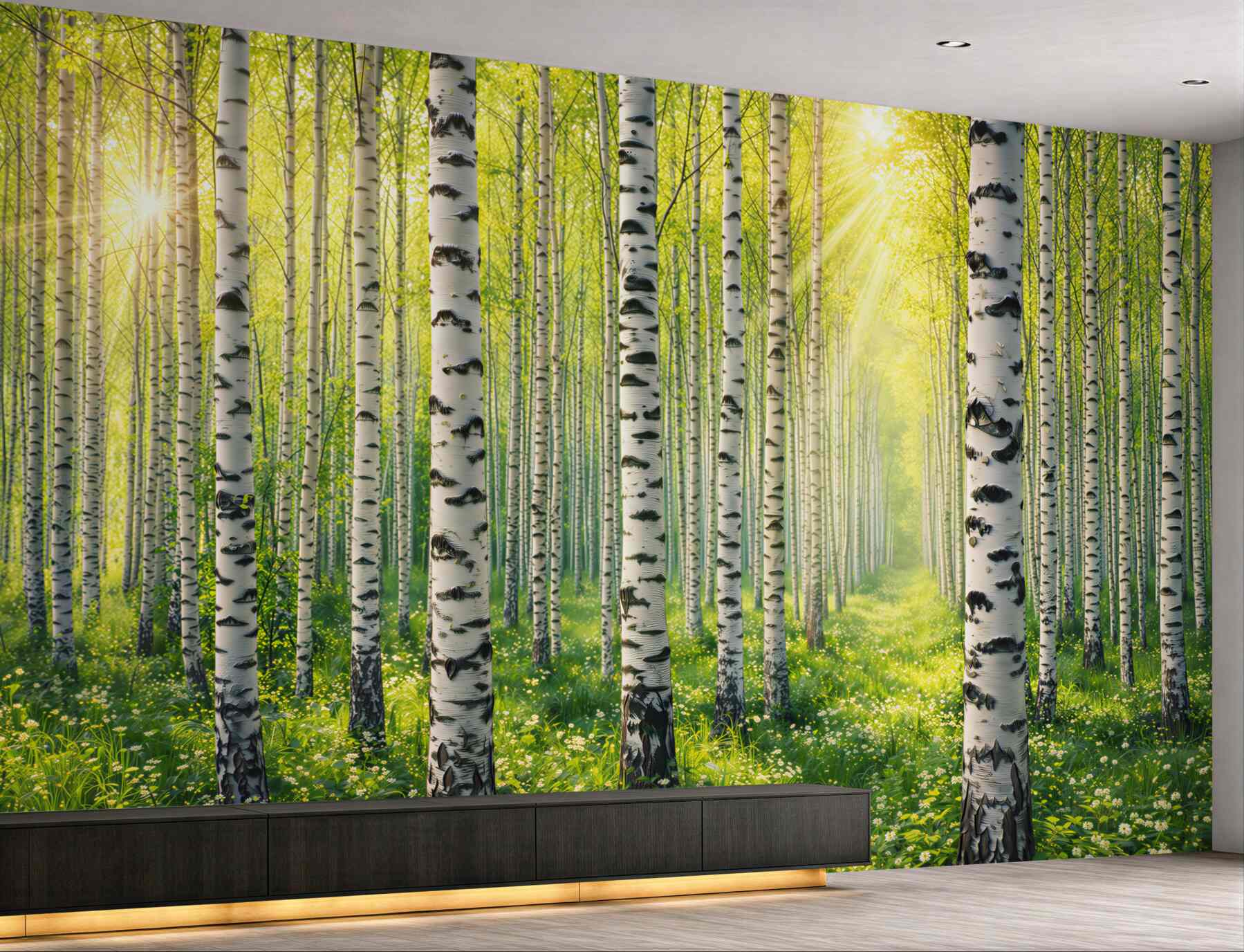 Fototapeta las brzozowy w promieniach słońca świeża wiosenna natura