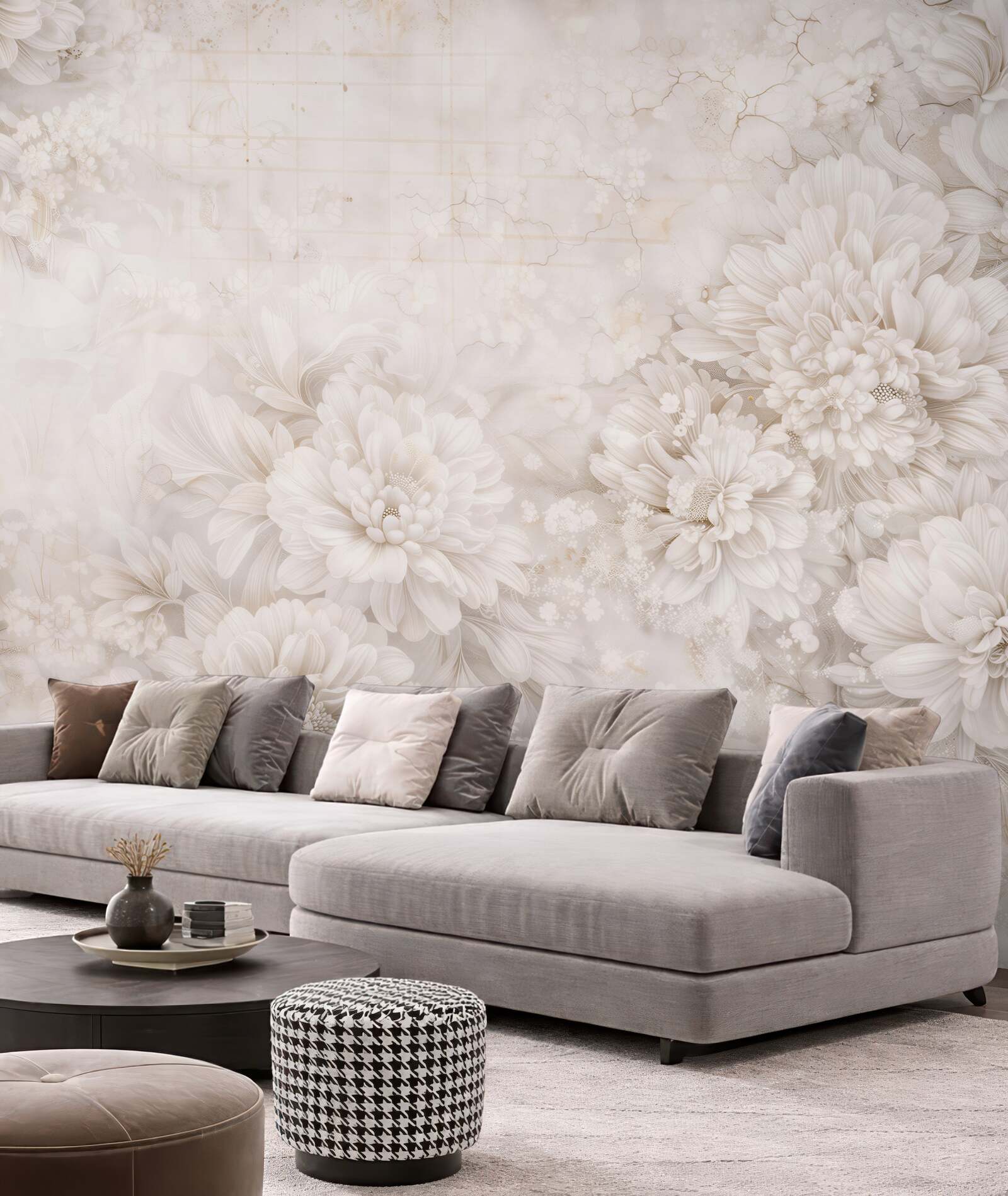 Fototapeta kremowe kwiaty 3D elegancka do jasnego salonu