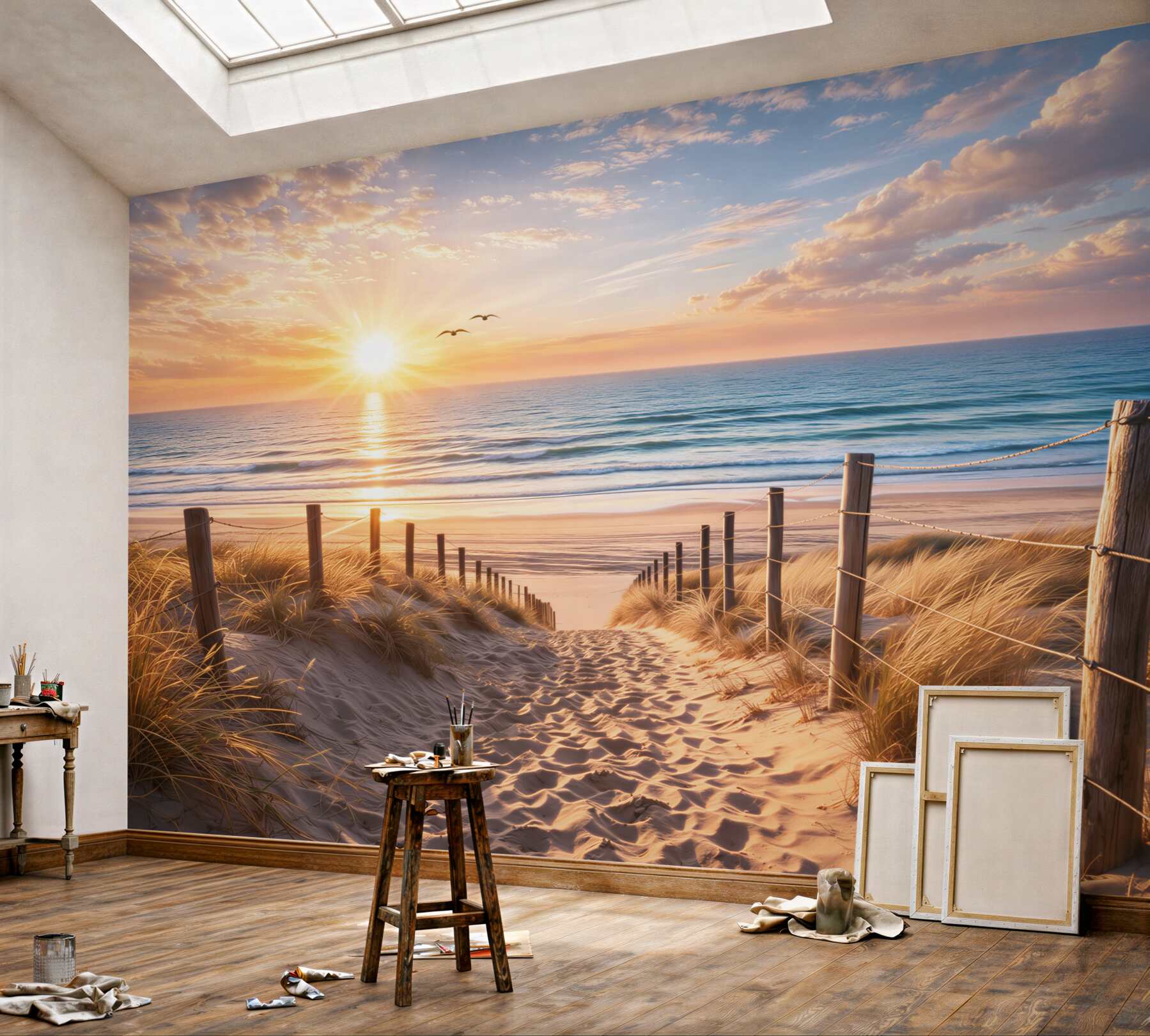 Fototapeta plaża o wschodzie słońca z wydmami i zejściem nad morze