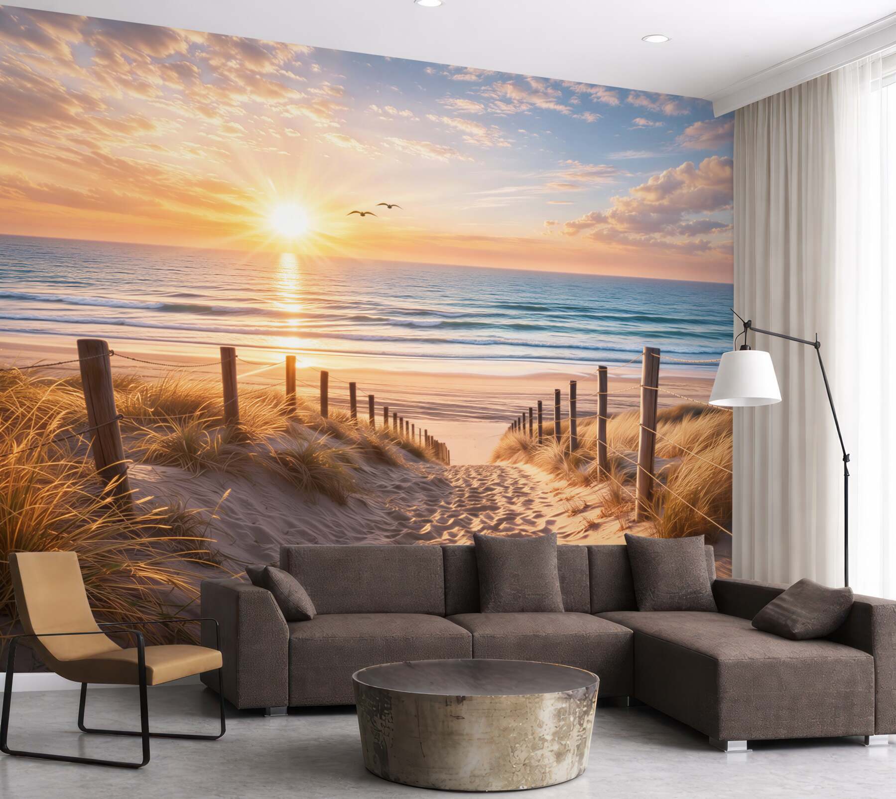 Fototapeta plaża o wschodzie słońca z wydmami i zejściem nad morze