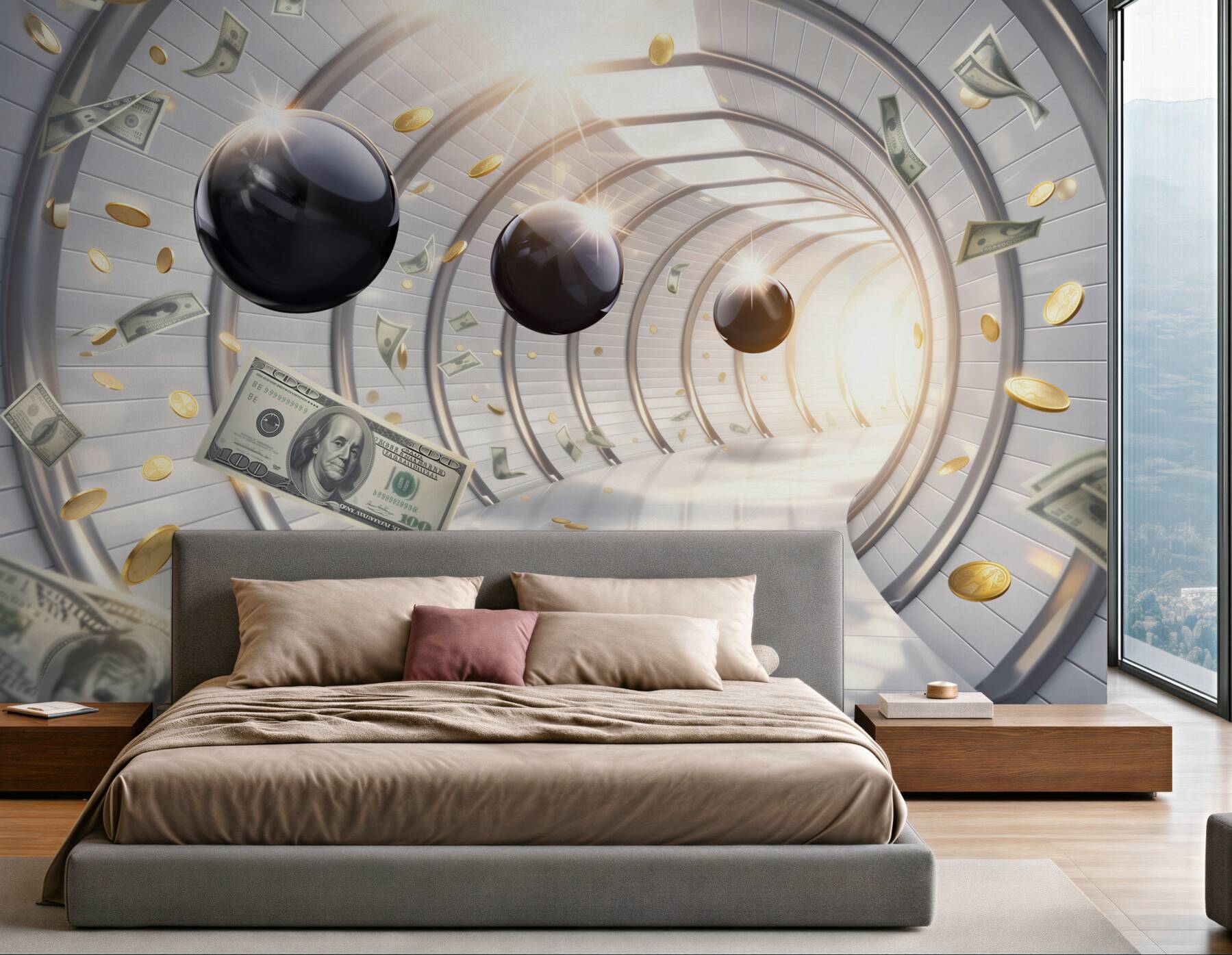 Fototapeta futurystyczny tunel z dolarami i monetami nowoczesna abstrakcja