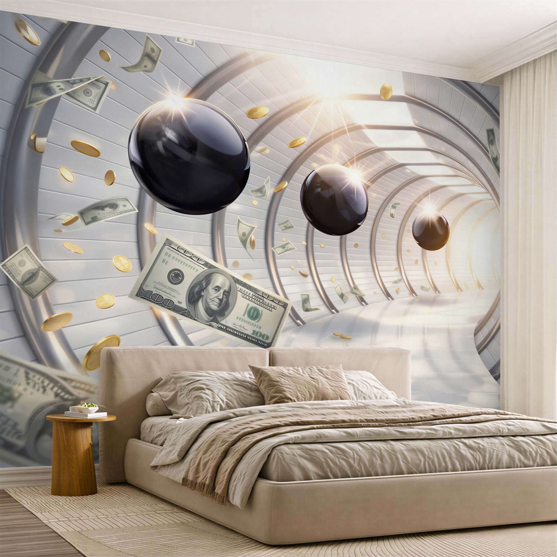 Fototapeta futurystyczny tunel z dolarami i monetami nowoczesna abstrakcja