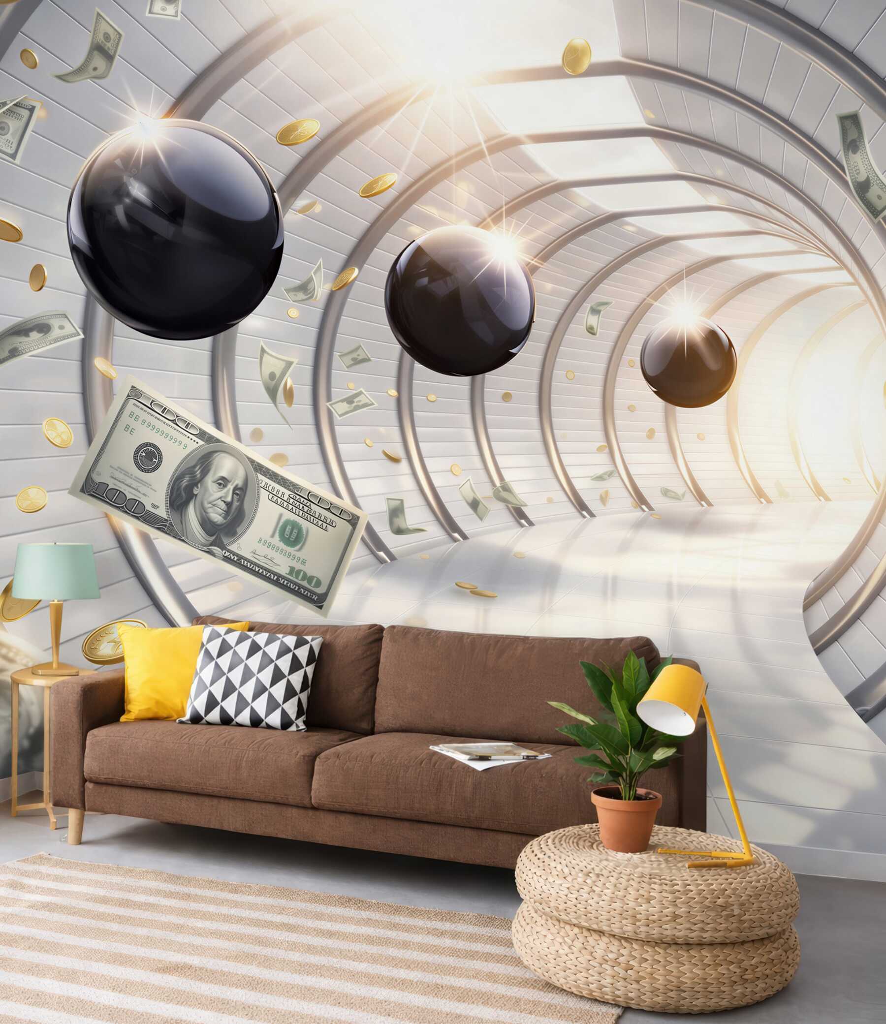Fototapeta futurystyczny tunel z dolarami i monetami nowoczesna abstrakcja