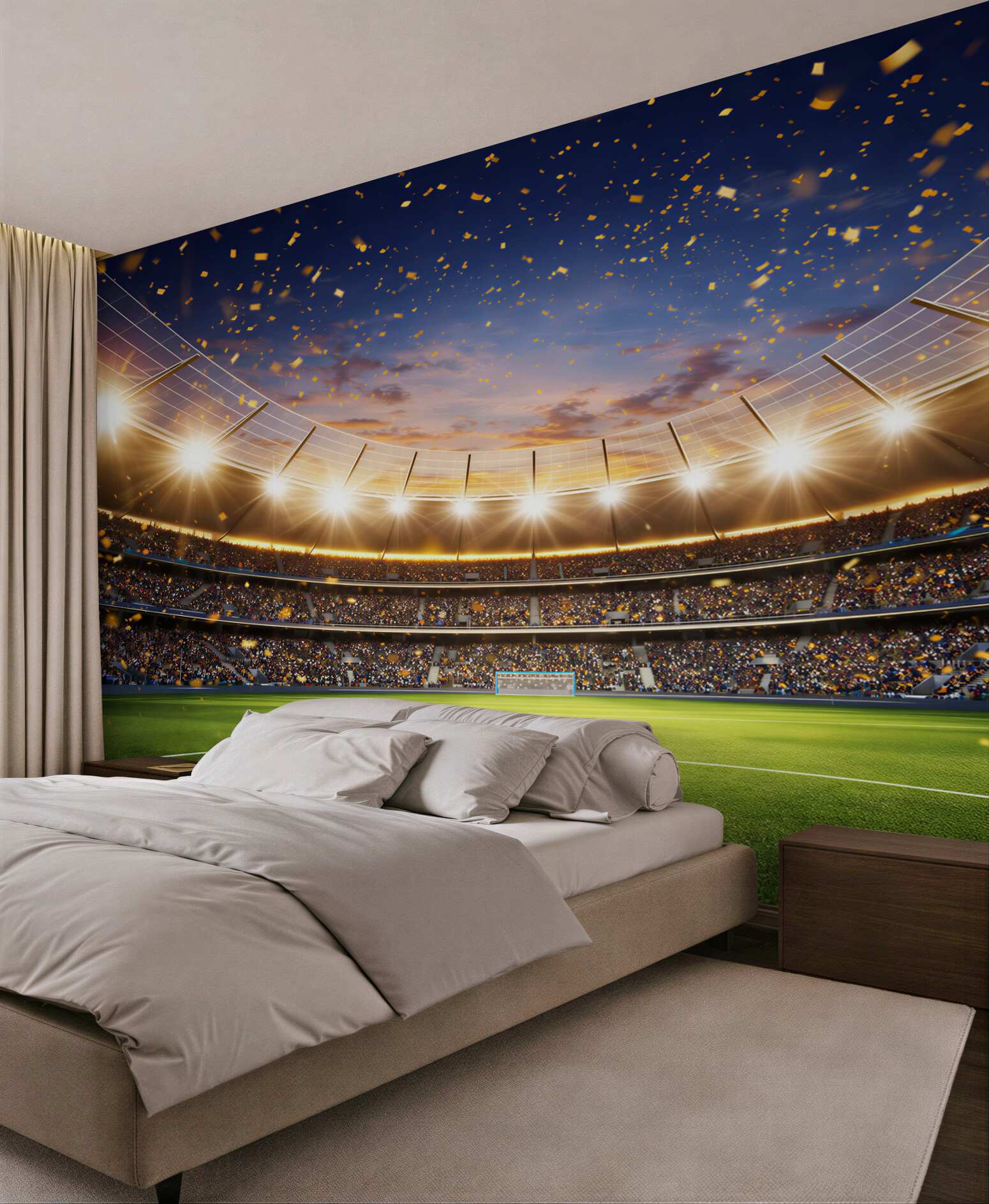 Fototapeta stadion piłkarski nocą z oświetleniem i konfetti