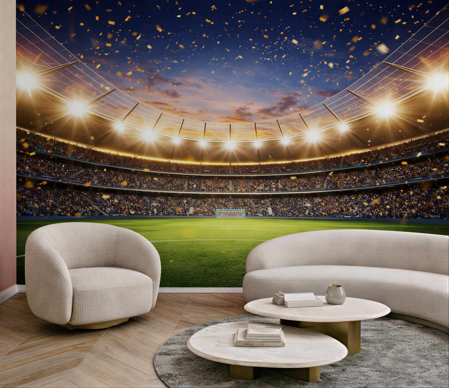 Fototapeta stadion piłkarski nocą z oświetleniem i konfetti