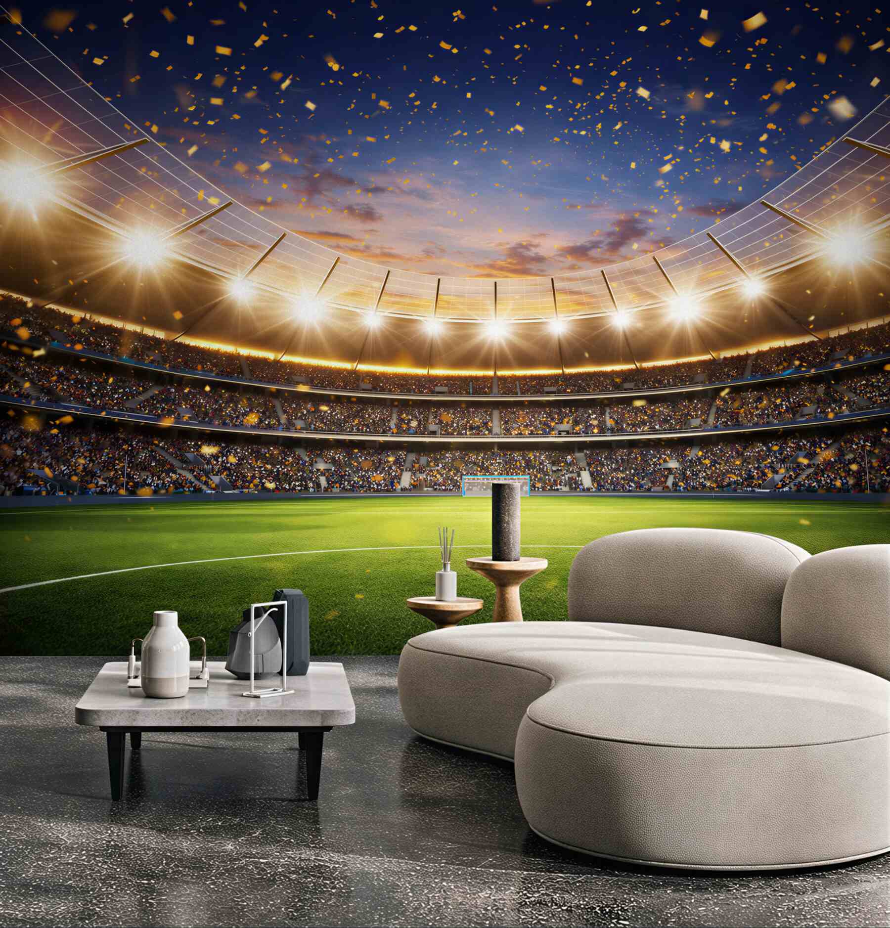 Fototapeta stadion piłkarski nocą z oświetleniem i konfetti