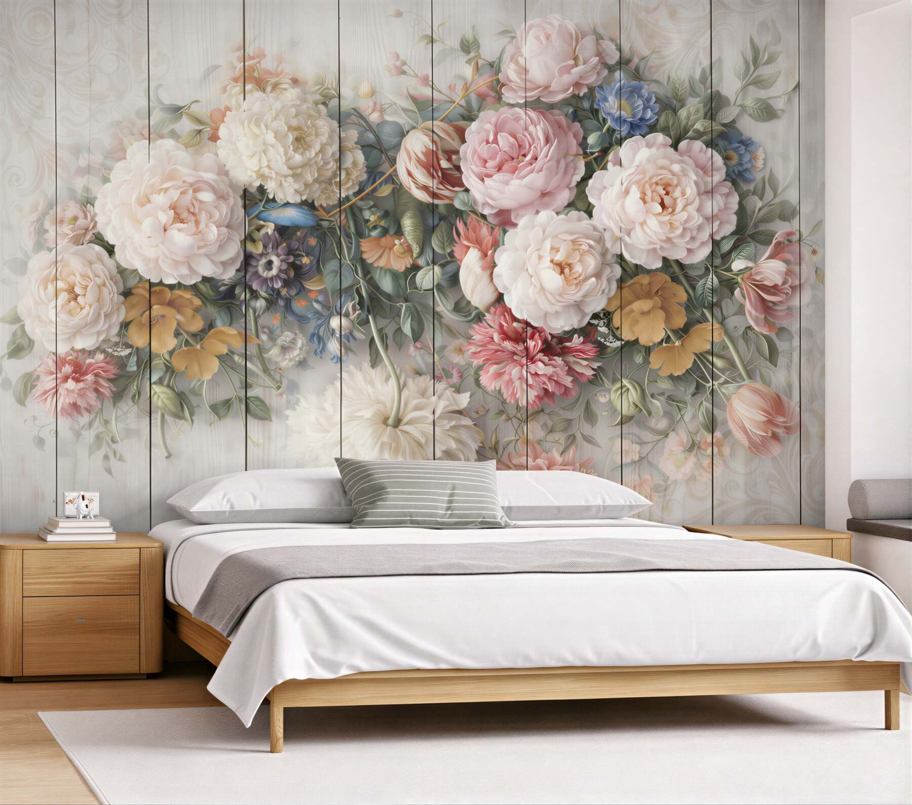 Fototapeta romantyczne kwiaty pastelowe na bielonym drewnie shabby chic