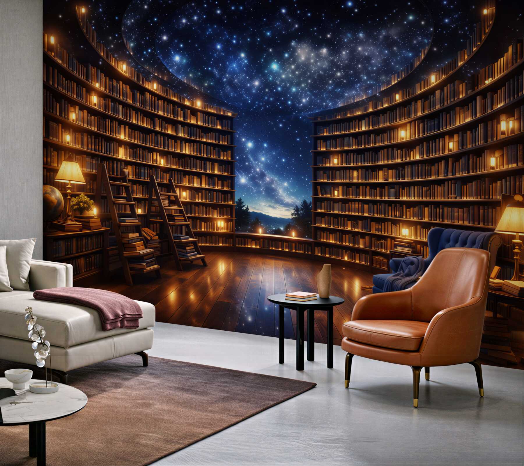 Fototapeta magiczna biblioteka pod gwiaździstym niebem przytulna i nastrojowa