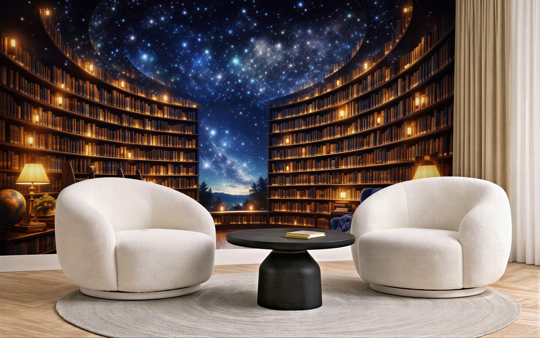 Fototapeta magiczna biblioteka pod gwiaździstym niebem przytulna i nastrojowa