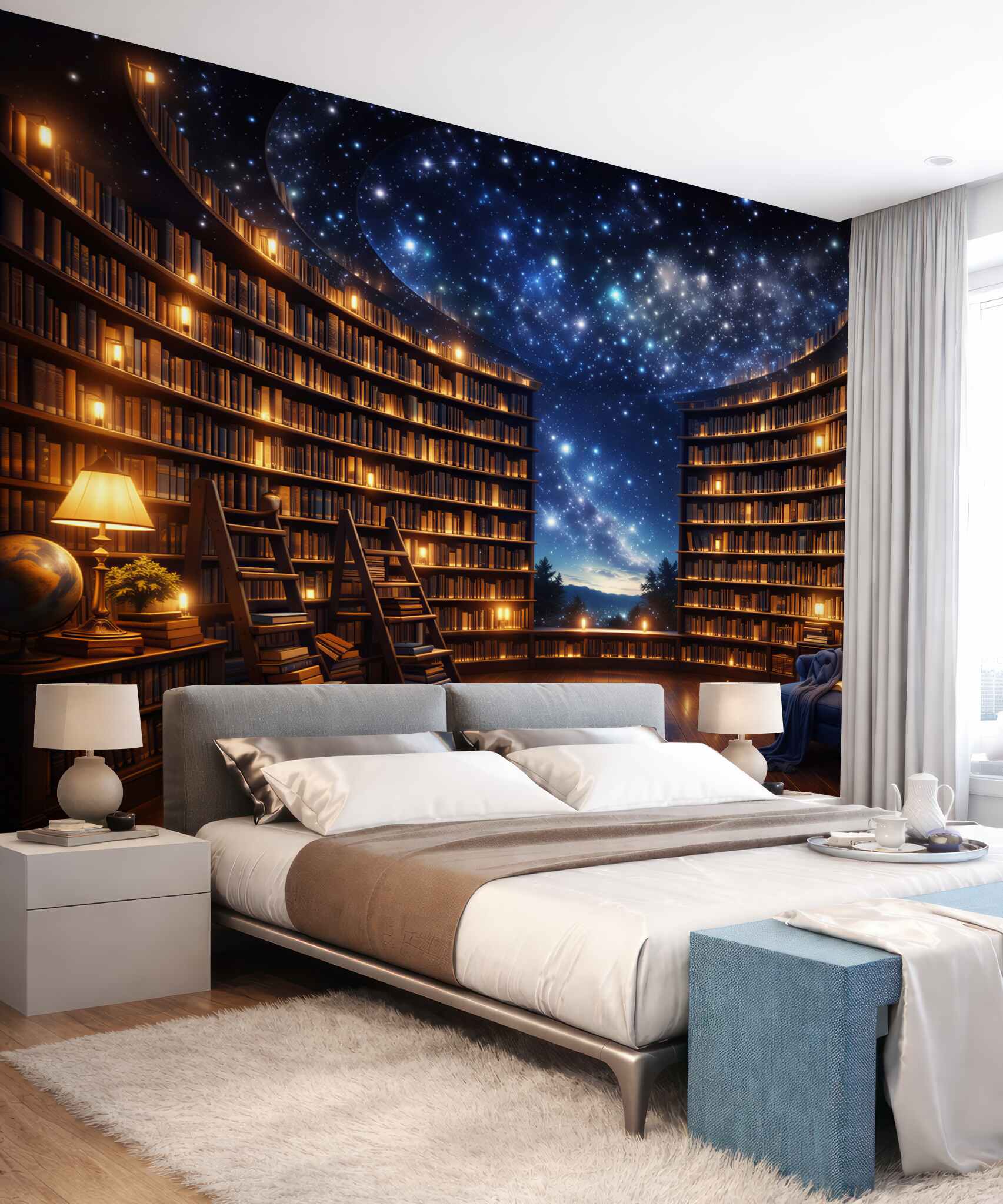 Fototapeta magiczna biblioteka pod gwiaździstym niebem przytulna i nastrojowa