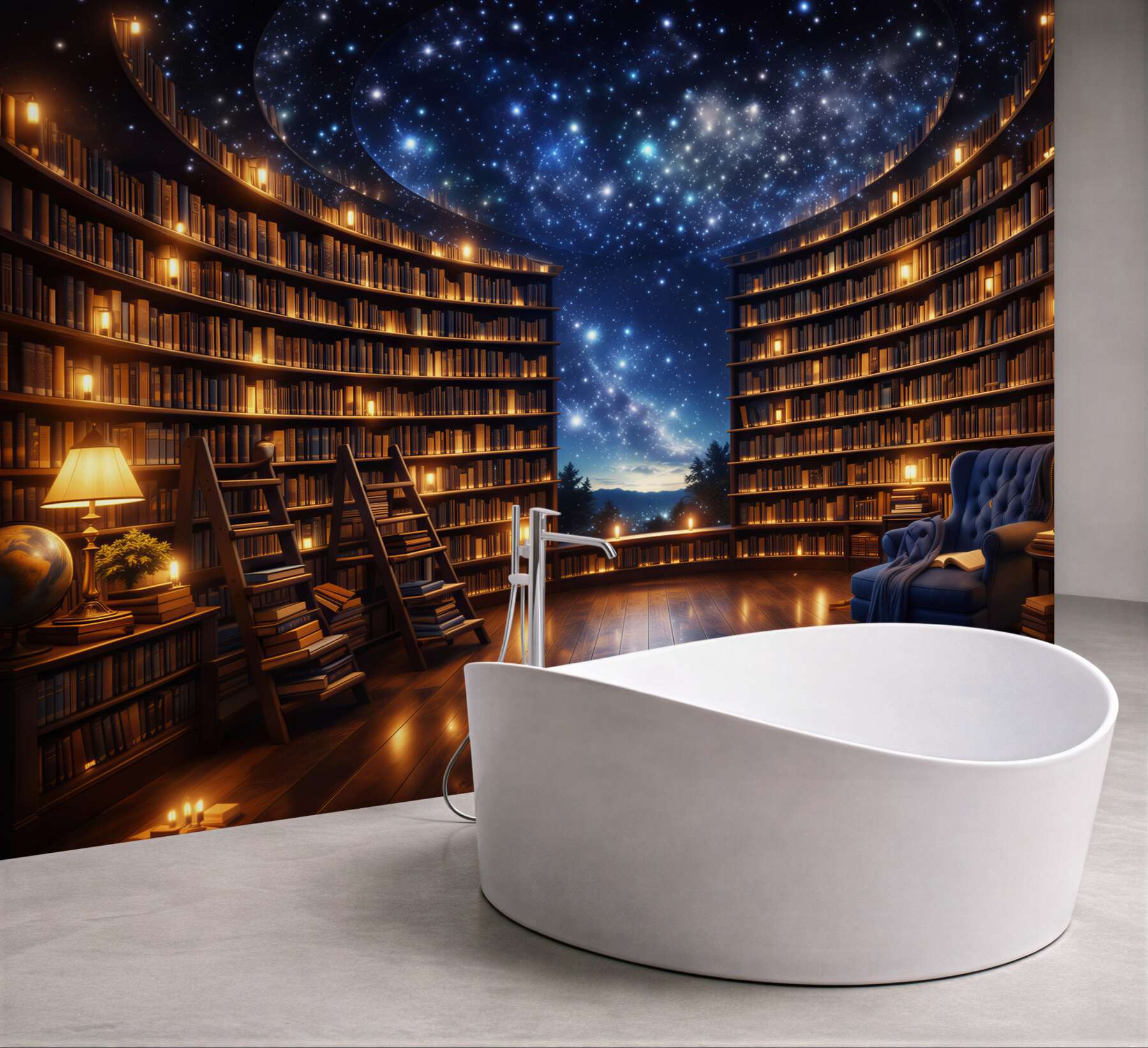 Fototapeta magiczna biblioteka pod gwiaździstym niebem przytulna i nastrojowa