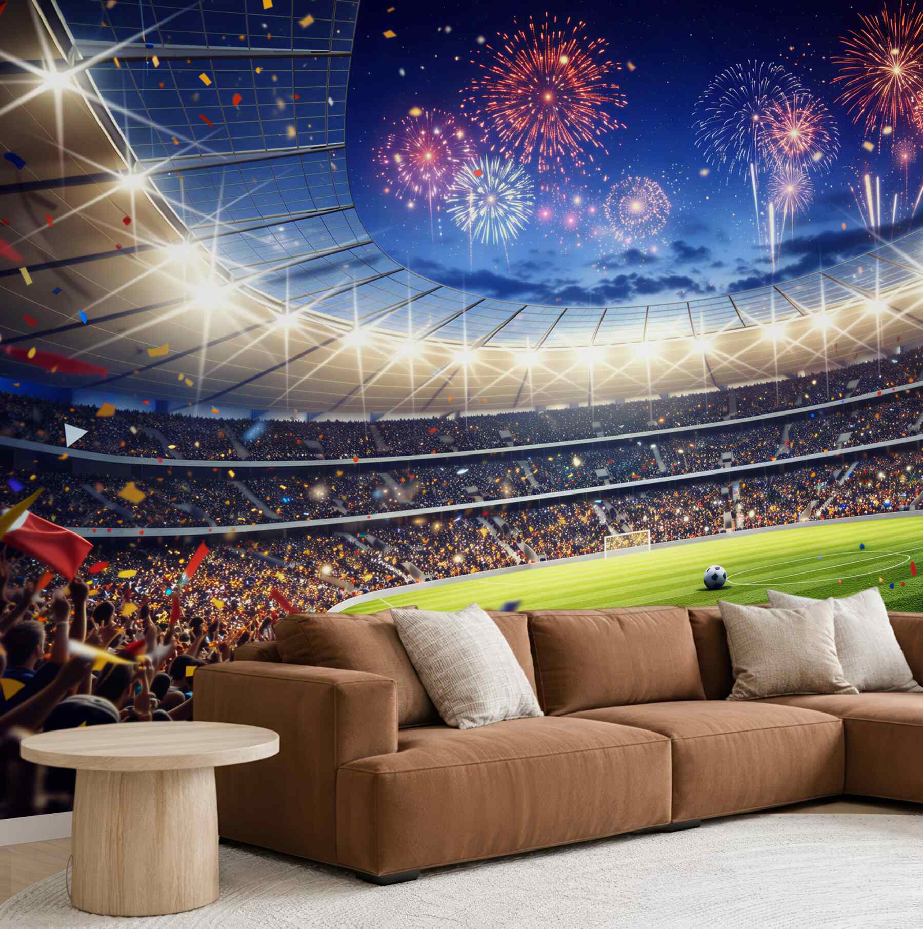 Fototapeta stadion piłkarski z fajerwerkami i tłumem kibiców wieczorna