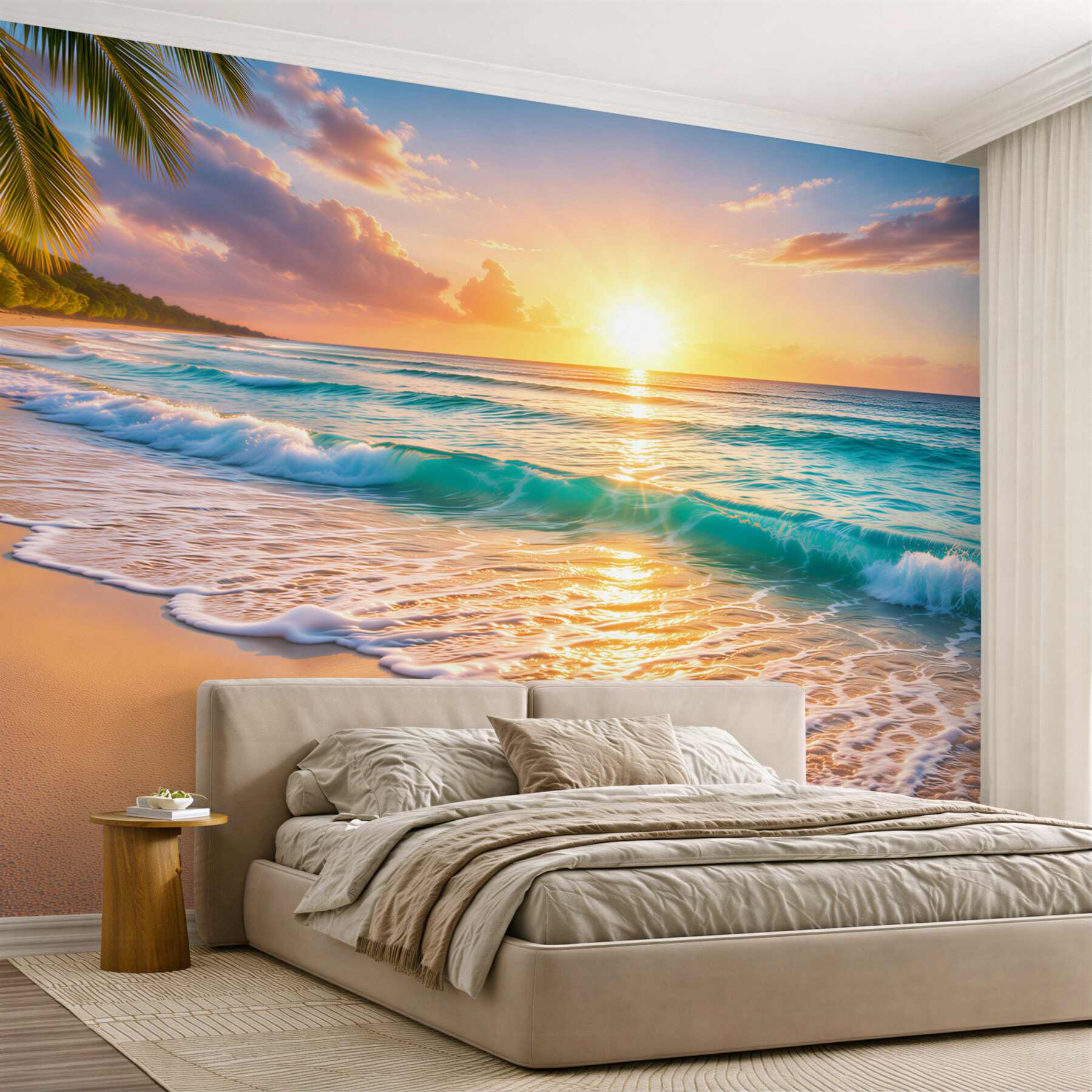 Fototapeta tropikalna plaża o wschodzie słońca z turkusowymi falami