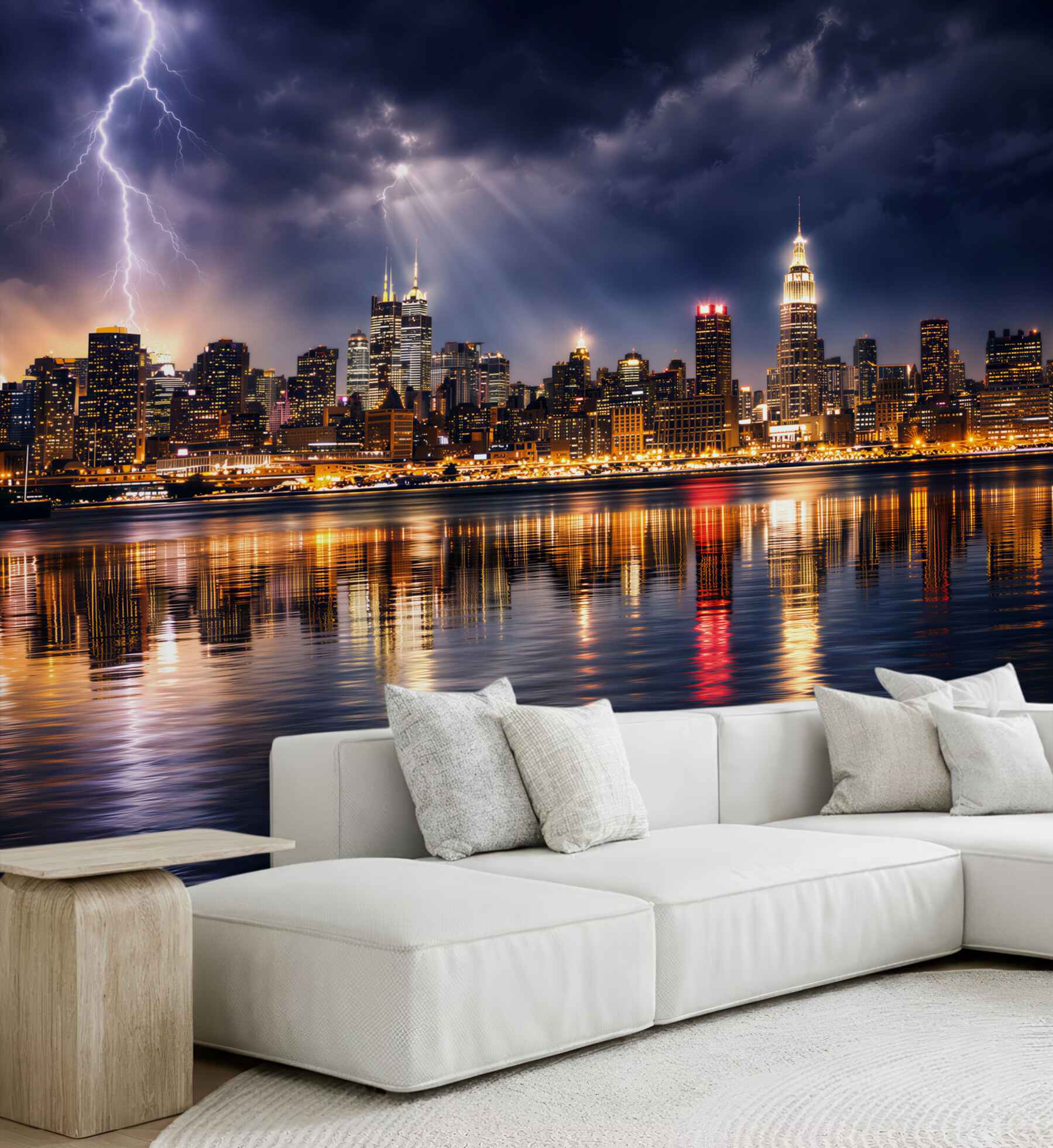 Fototapeta miasto nocą z błyskawicą nad panoramą i odbiciem w wodzie
