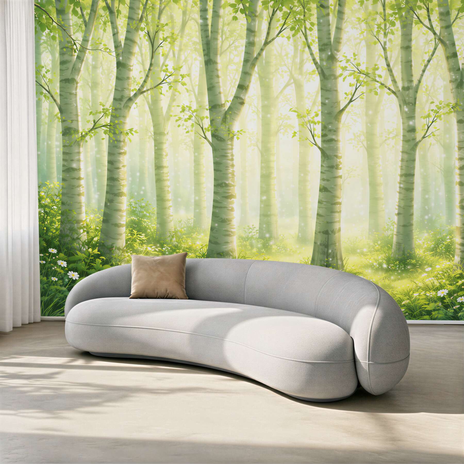 Fototapeta brzozowy las w pastelowej zieleni z delikatnym światłem