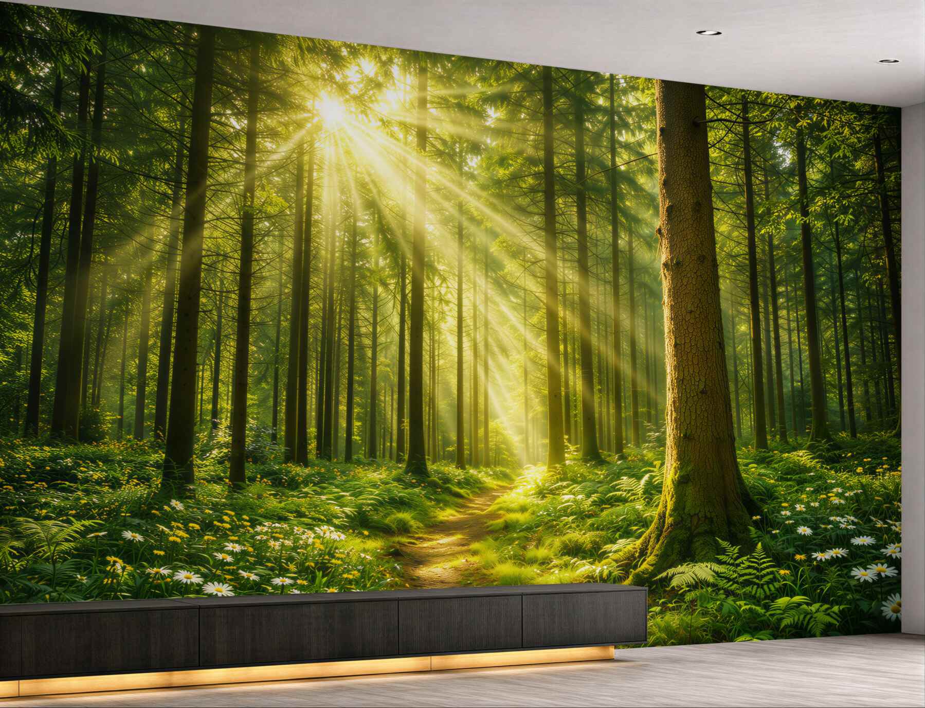 Fototapeta leśna ścieżka w promieniach słońca zielona naturalna