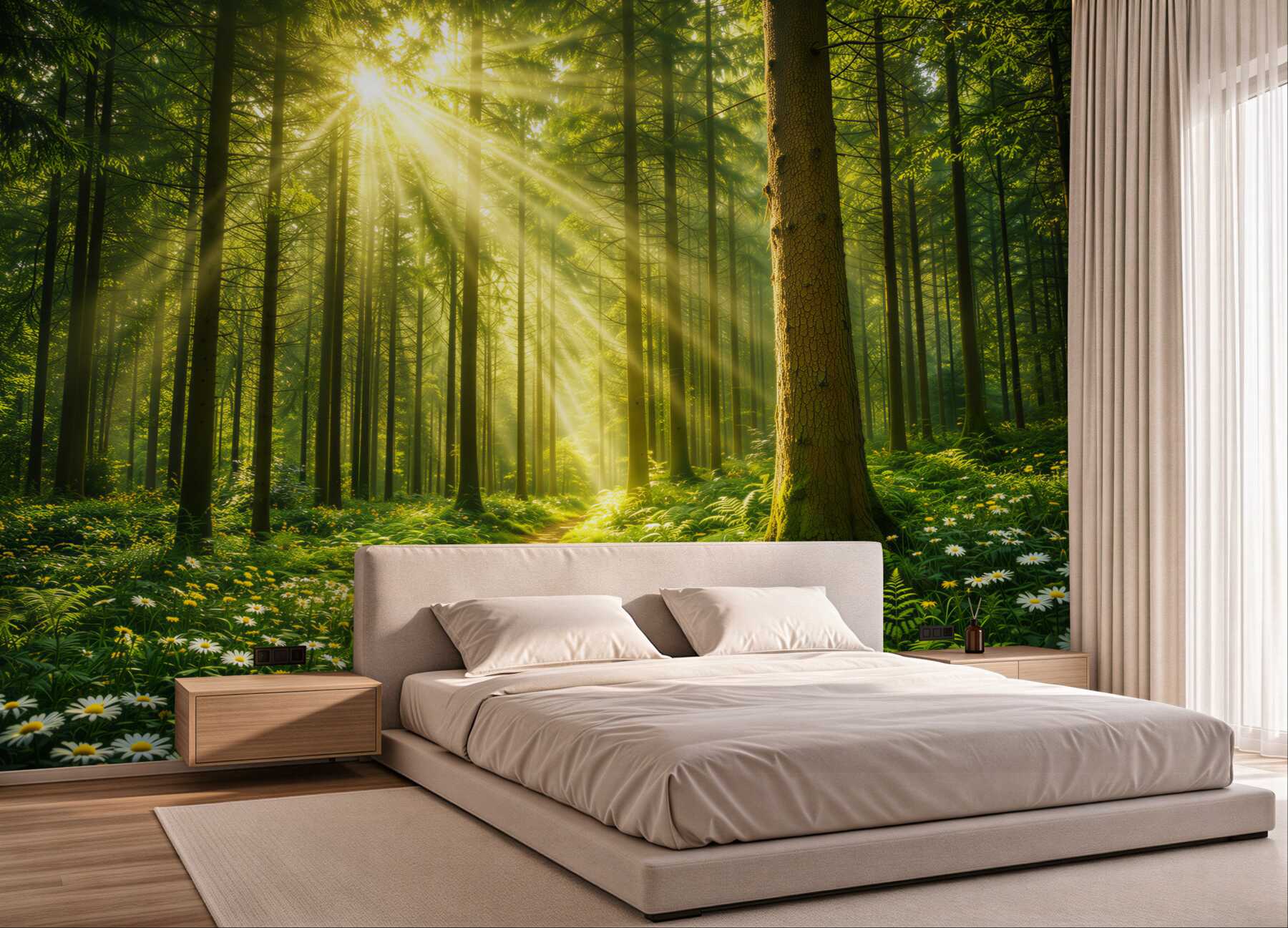 Fototapeta leśna ścieżka w promieniach słońca zielona naturalna