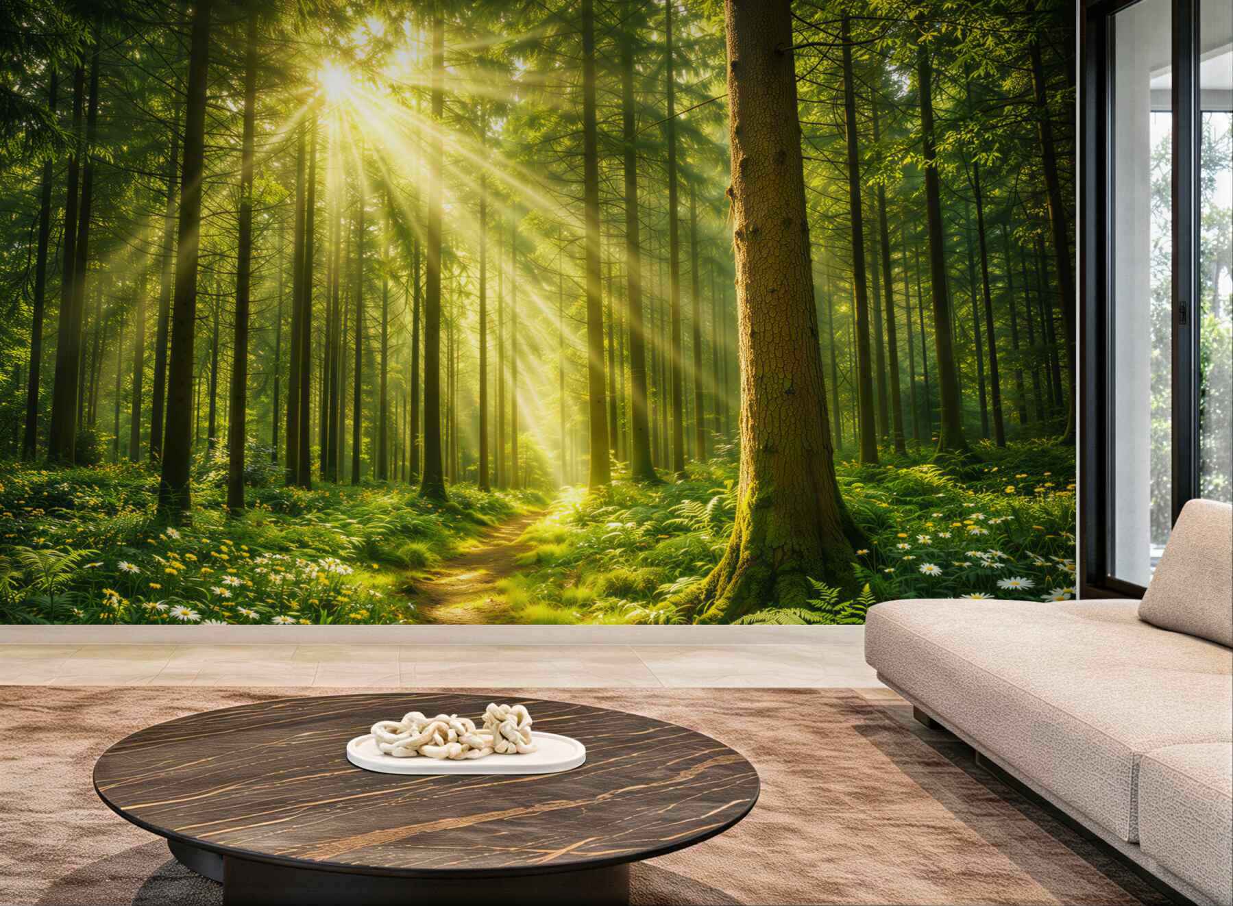 Fototapeta leśna ścieżka w promieniach słońca zielona naturalna