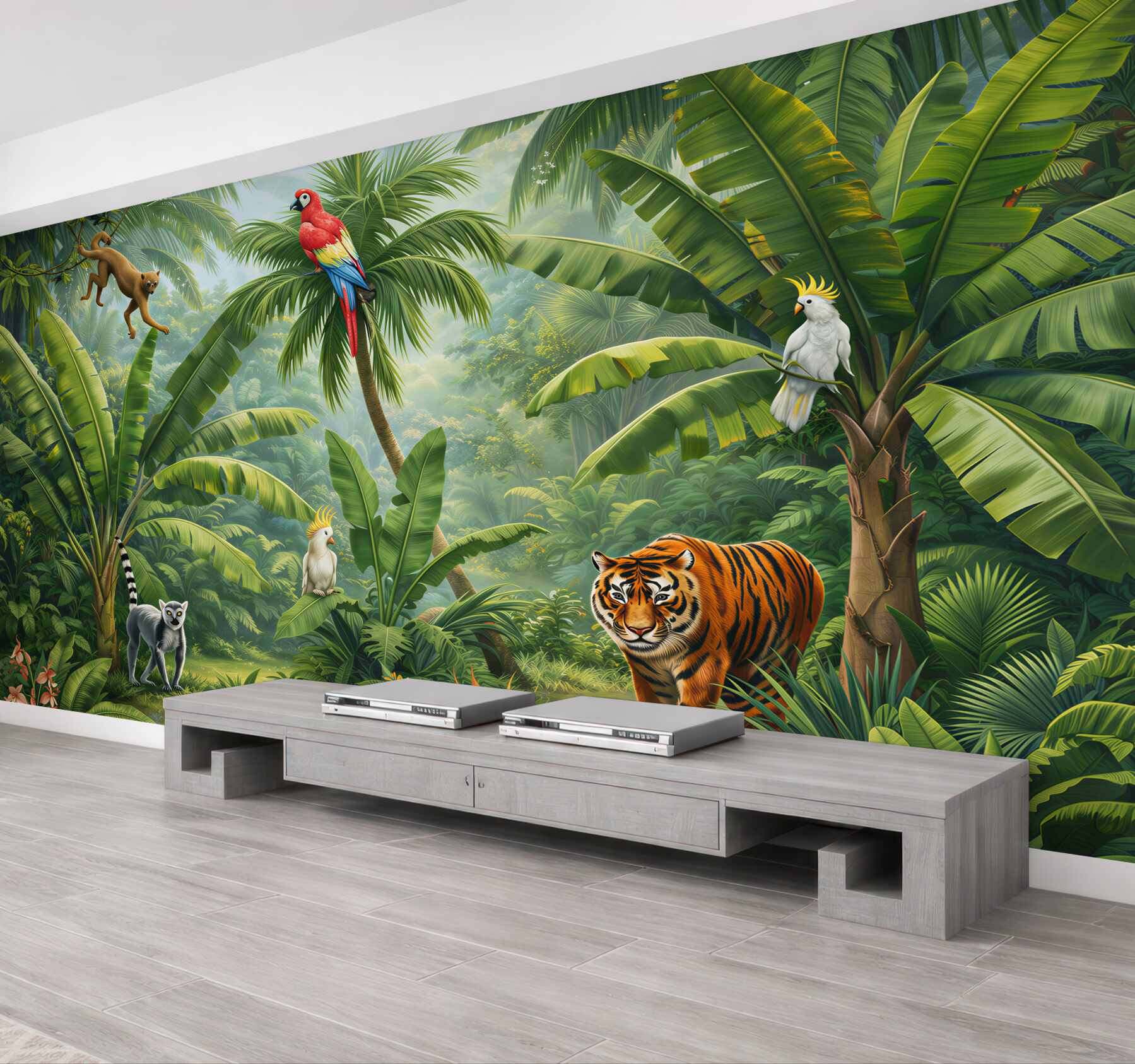 Fototapeta tropikalna dżungla z tygrysem i egzotycznymi ptakami