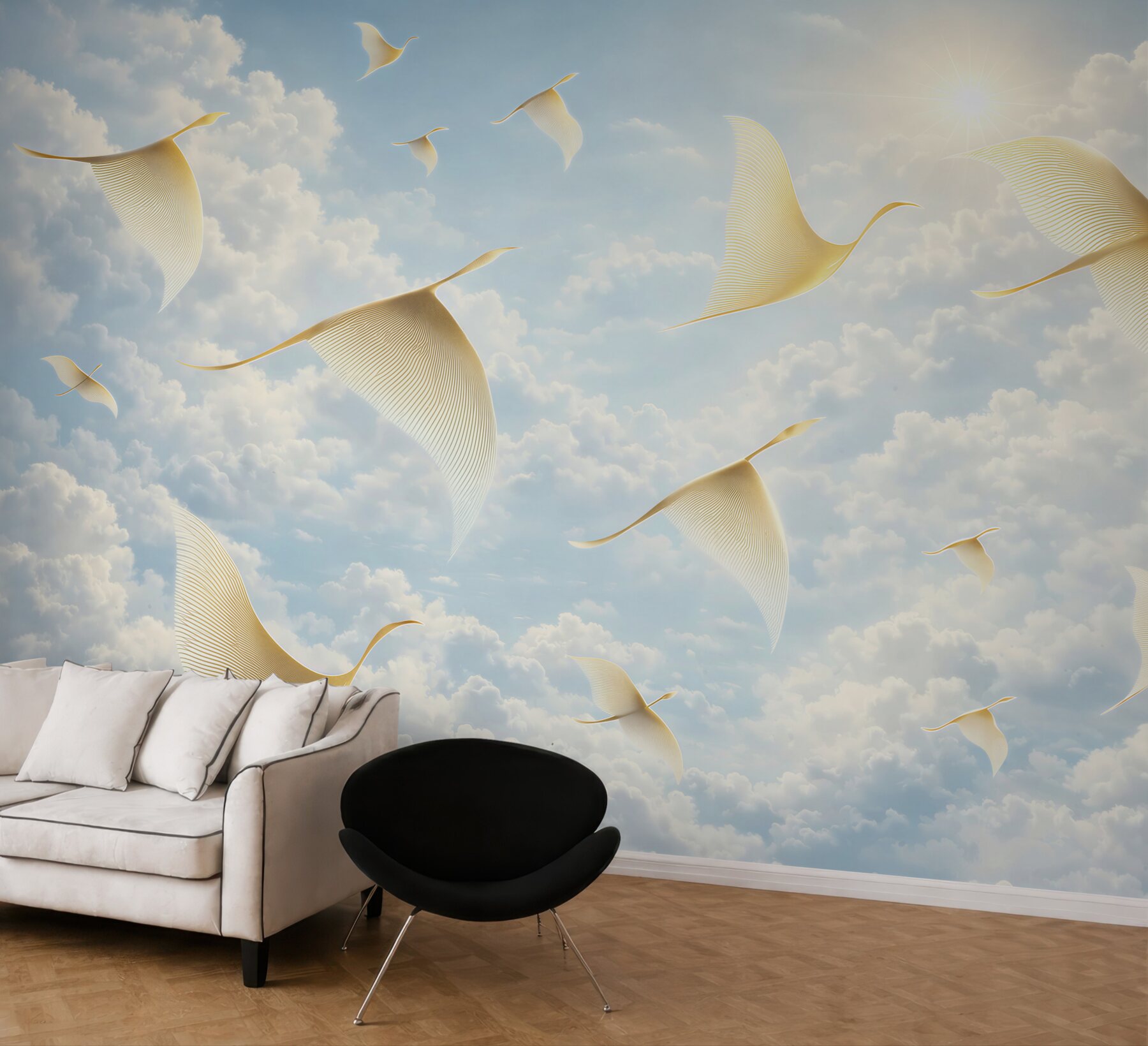 Fototapeta złote ptaki w chmurach na błękitnym niebie