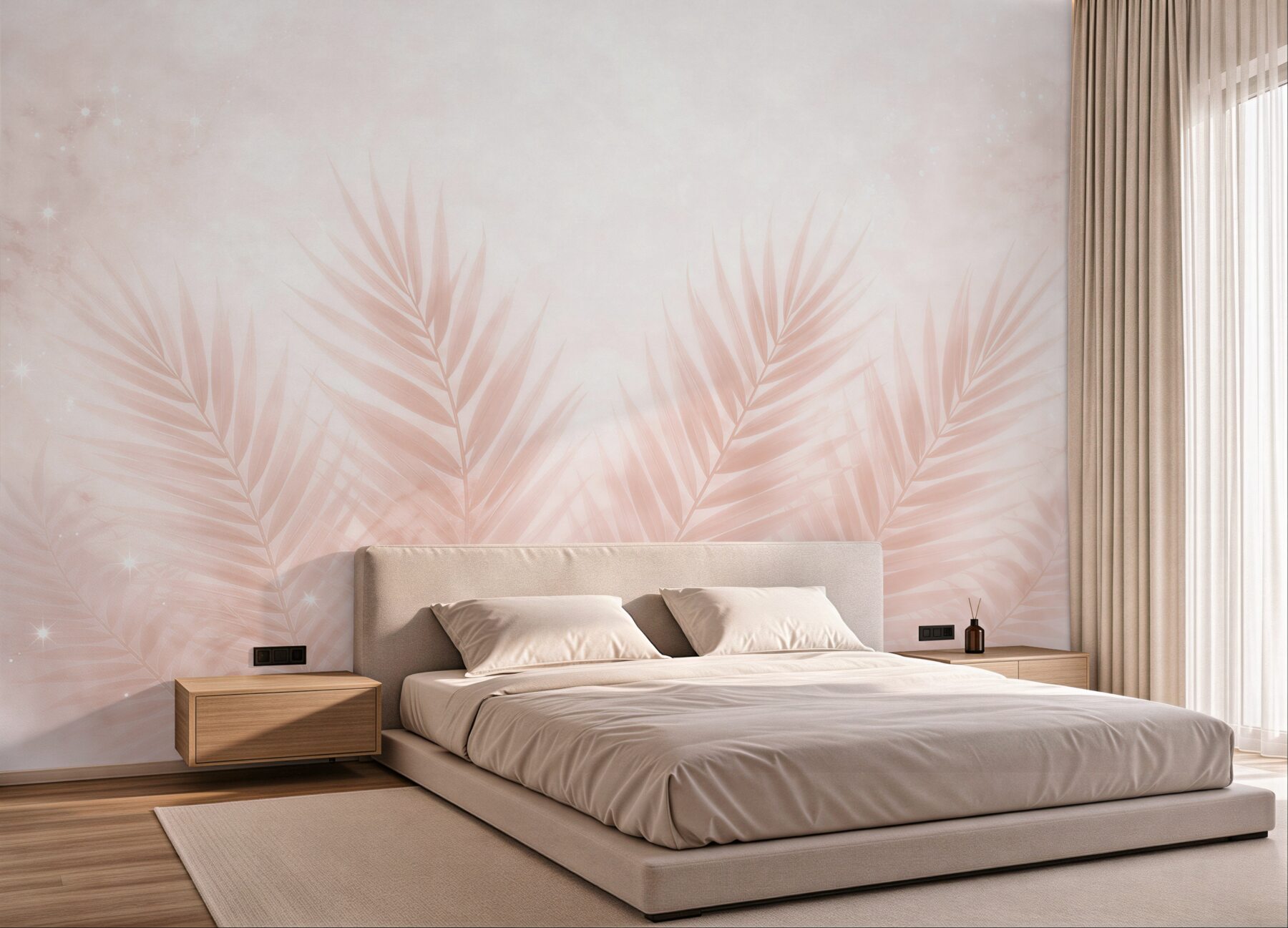Fototapeta pastelowe liście palmowe pudrowy róż do eleganckiej sypialni