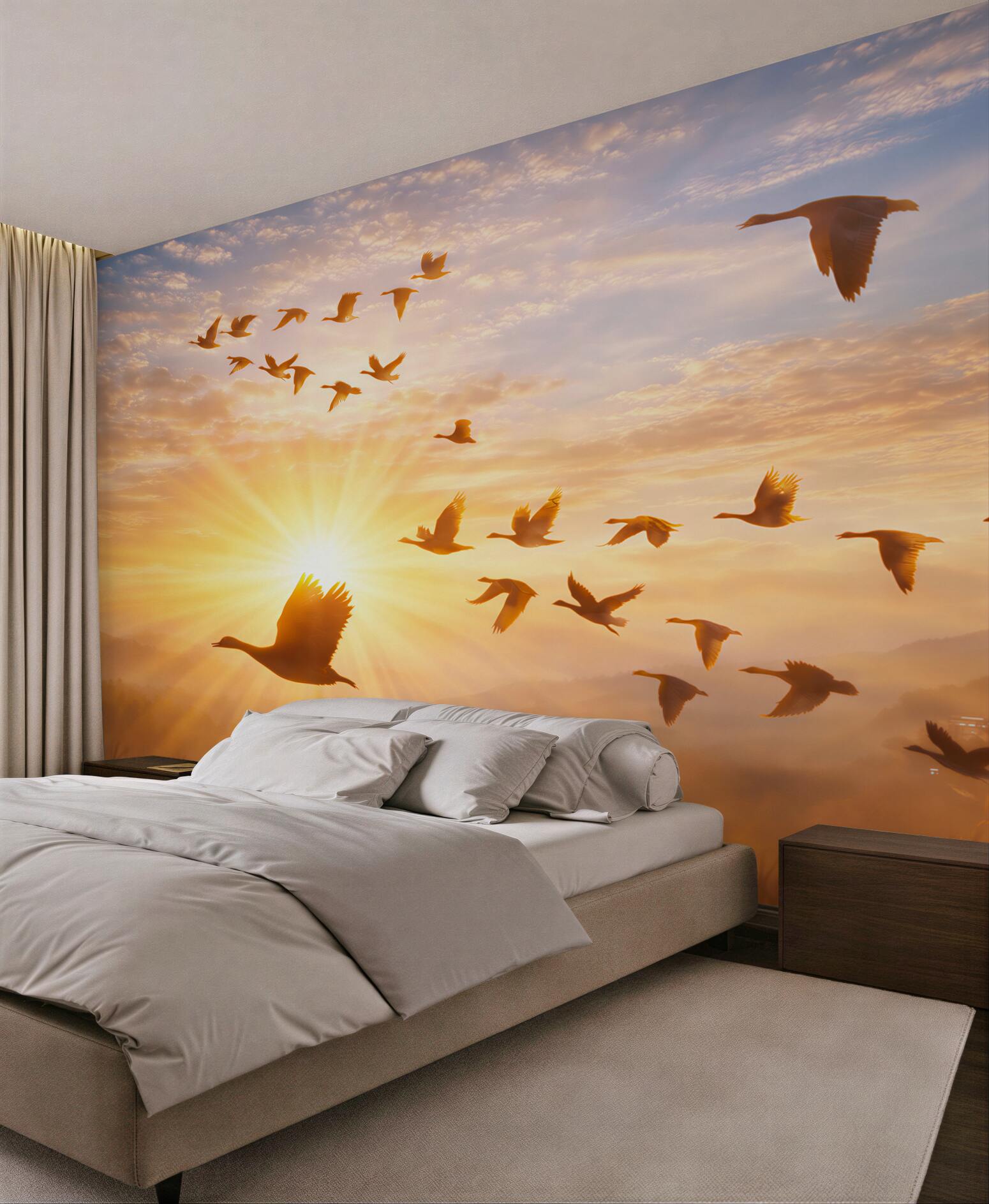 Fototapeta lecące żurawie o wschodzie słońca nad mglistym krajobrazem