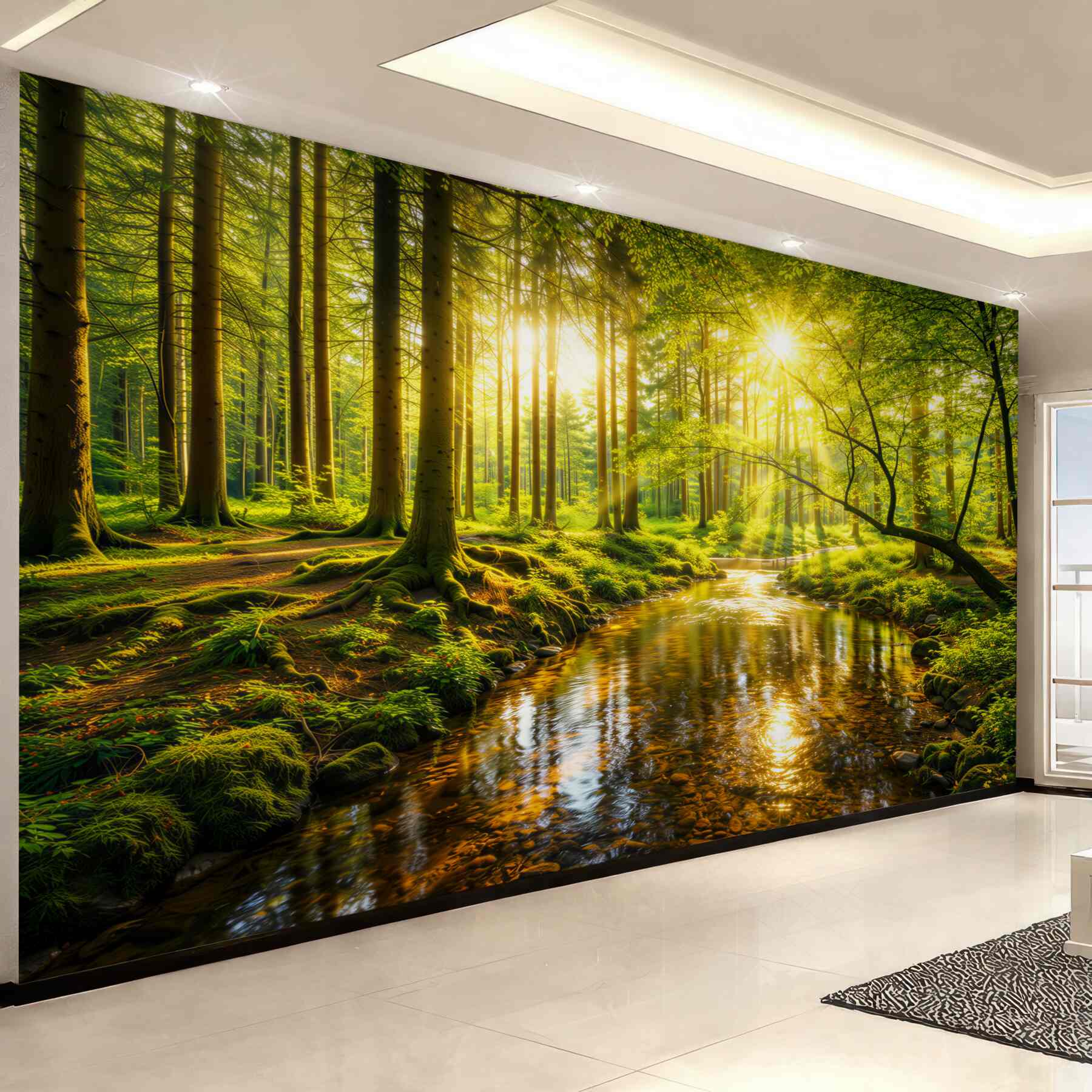 Fototapeta leśny strumień w promieniach słońca zielona naturalna