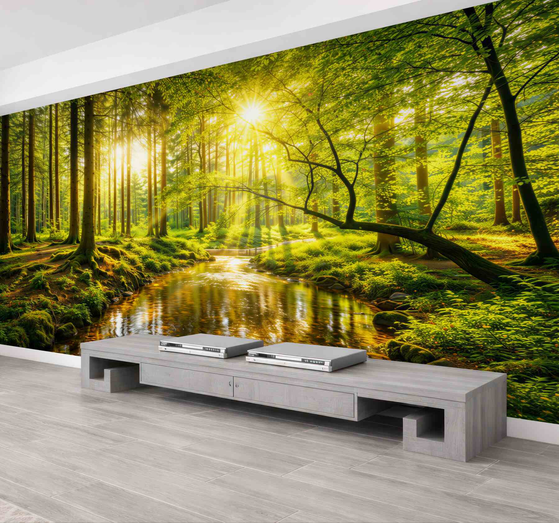Fototapeta leśny strumień w promieniach słońca zielona naturalna