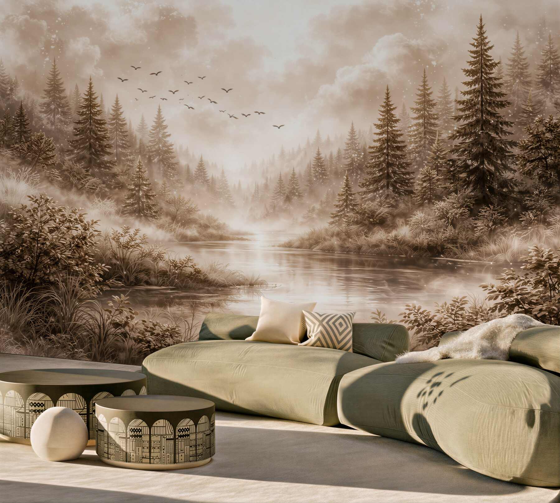 Fototapeta leśny krajobraz z rzeką we mgle sepia spokojna