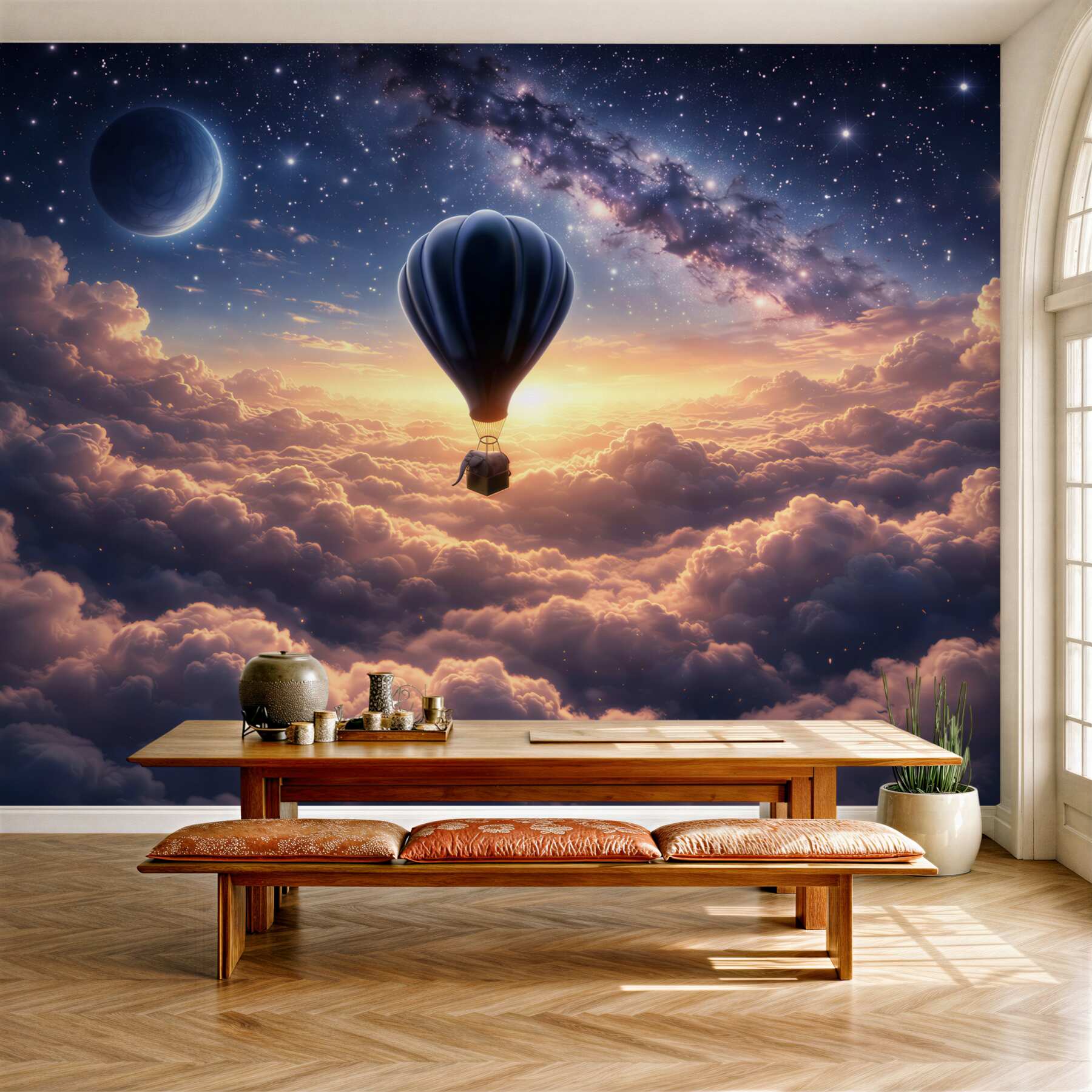 Fototapeta balon nad chmurami i gwiaździstym niebem baśniowa