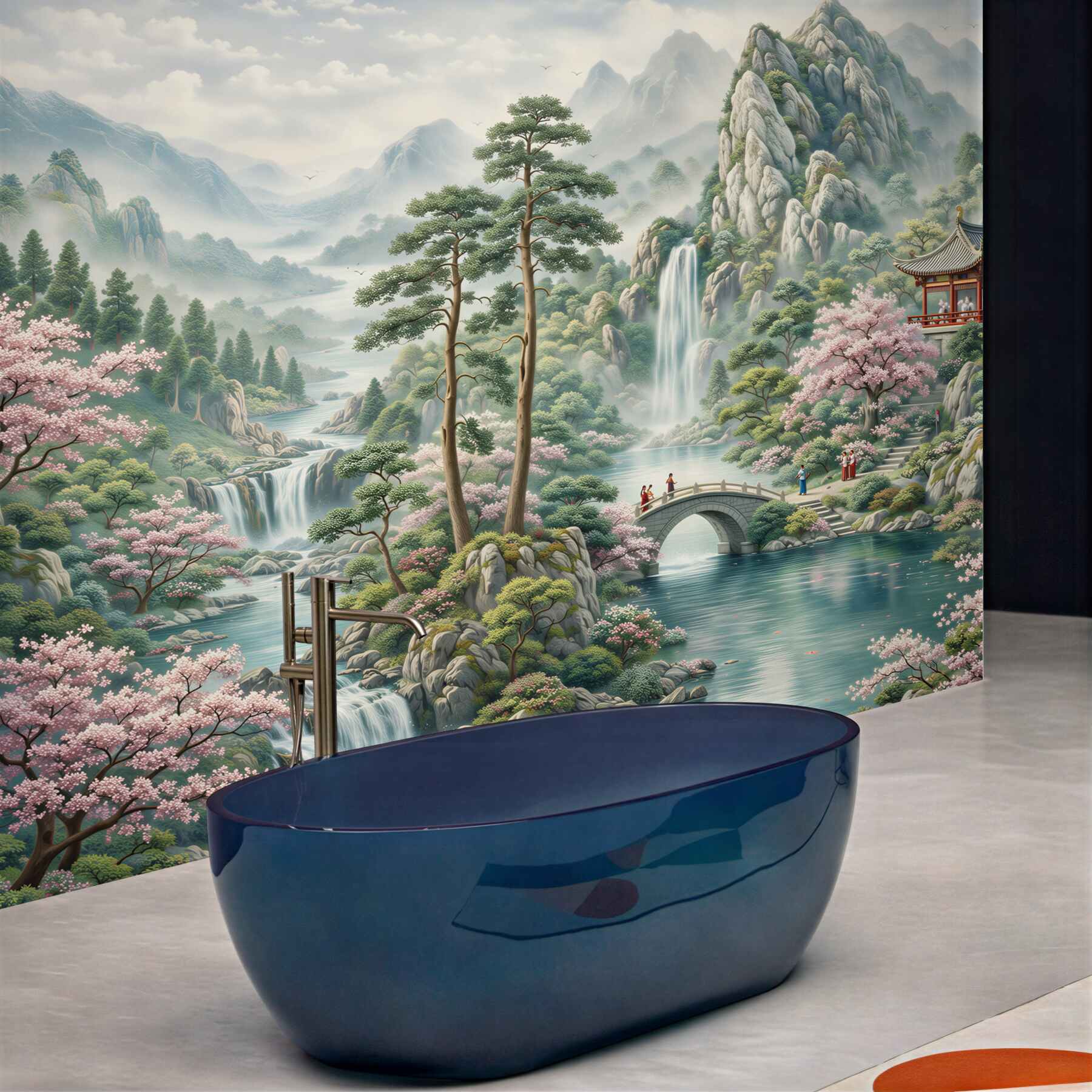 Fototapeta orientalny krajobraz górski z wodospadami i kwitnącymi wiśniami