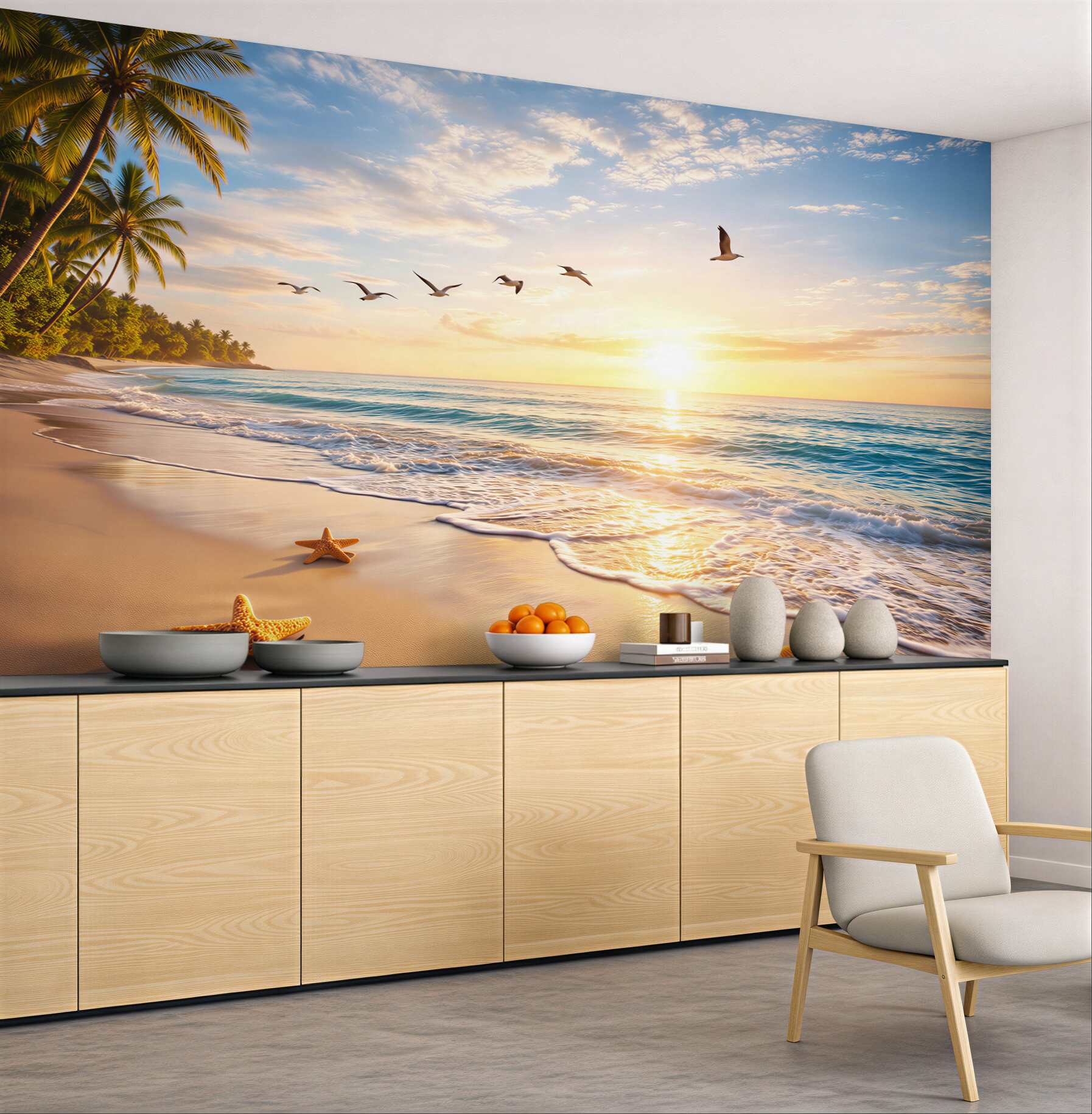 Fototapeta tropikalna plaża o wschodzie słońca z palmami i muszlami
