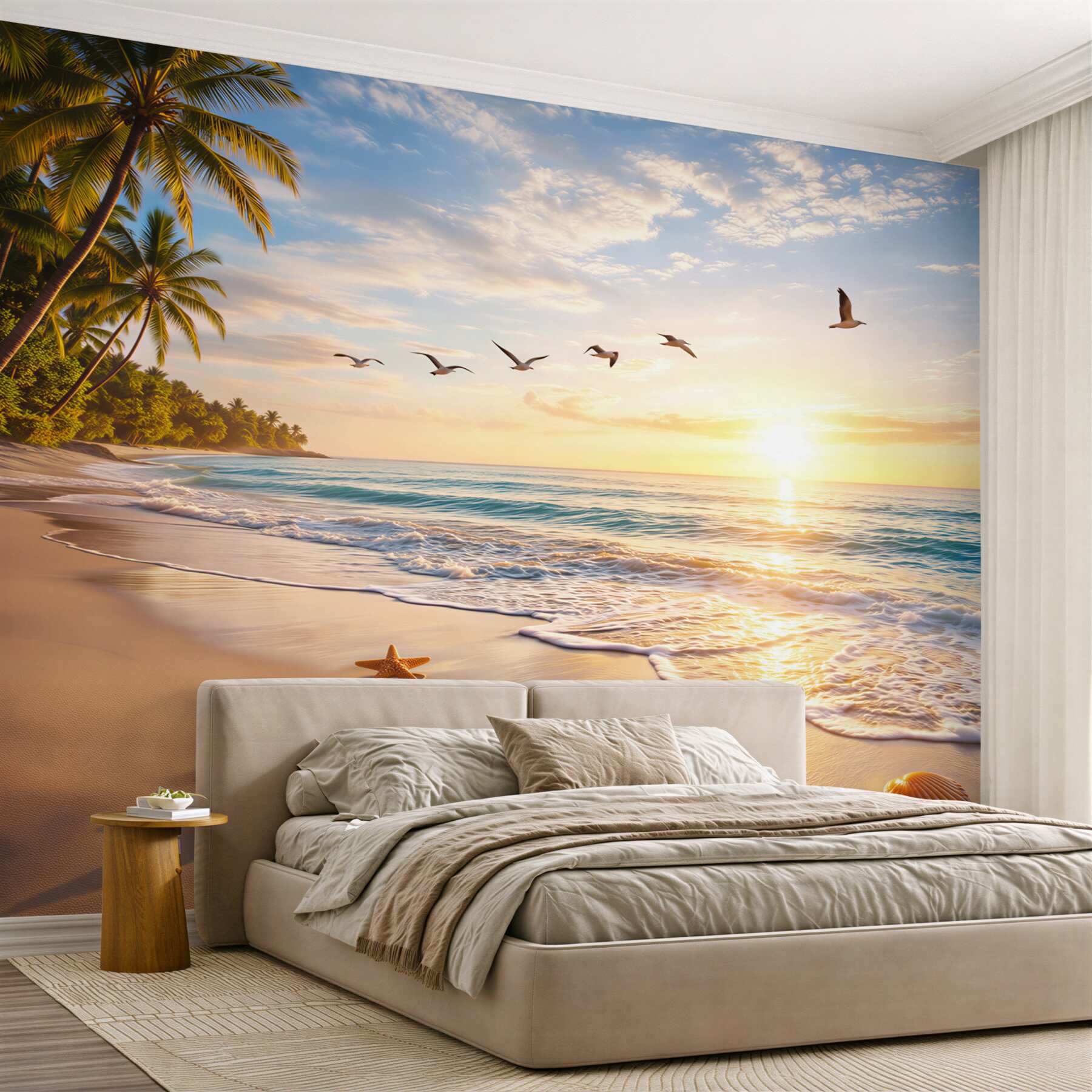 Fototapeta tropikalna plaża o wschodzie słońca z palmami i muszlami