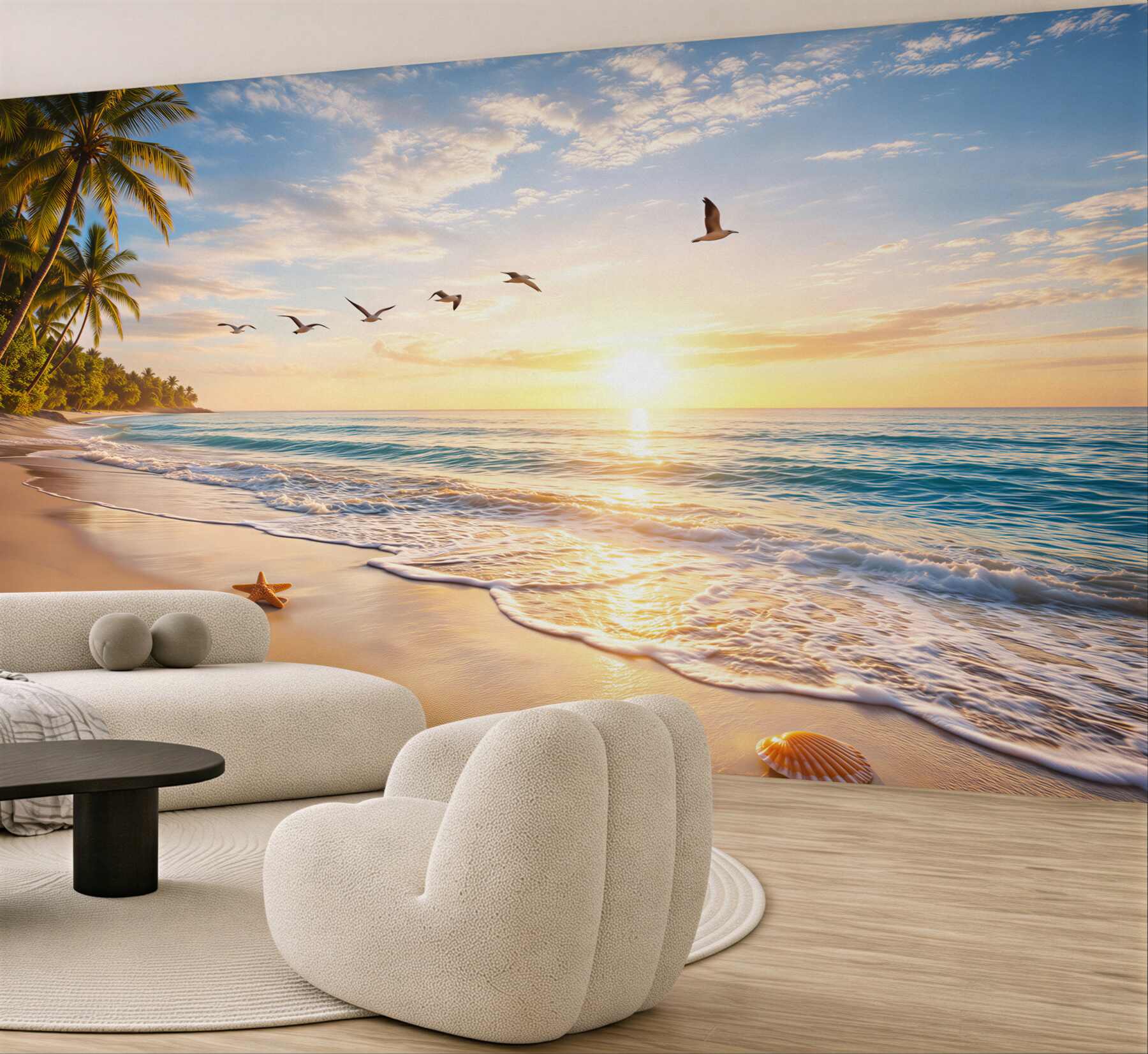 Fototapeta tropikalna plaża o wschodzie słońca z palmami i muszlami
