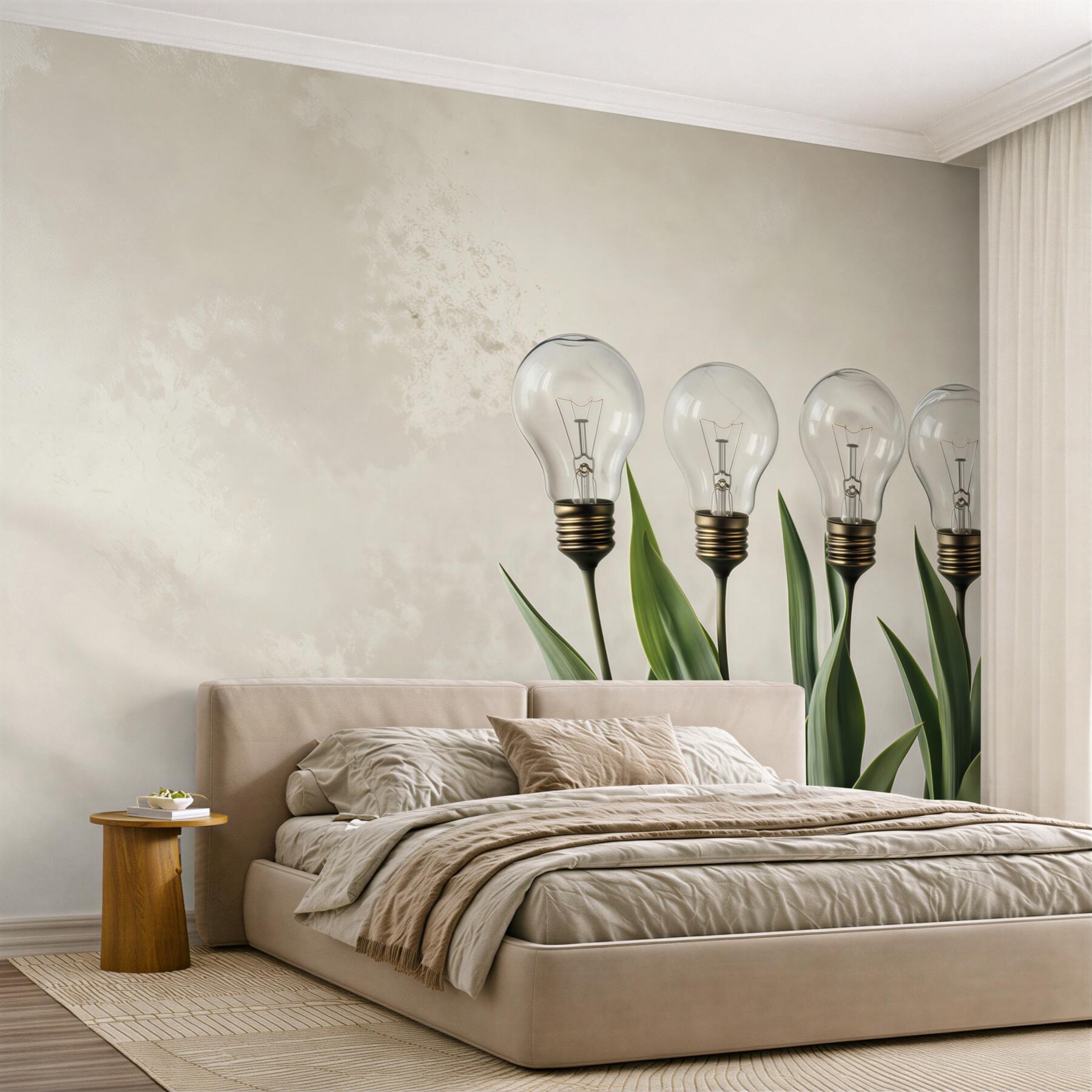 Fototapeta żarówki wśród zielonych liści nowoczesna ekologiczna abstrakcja