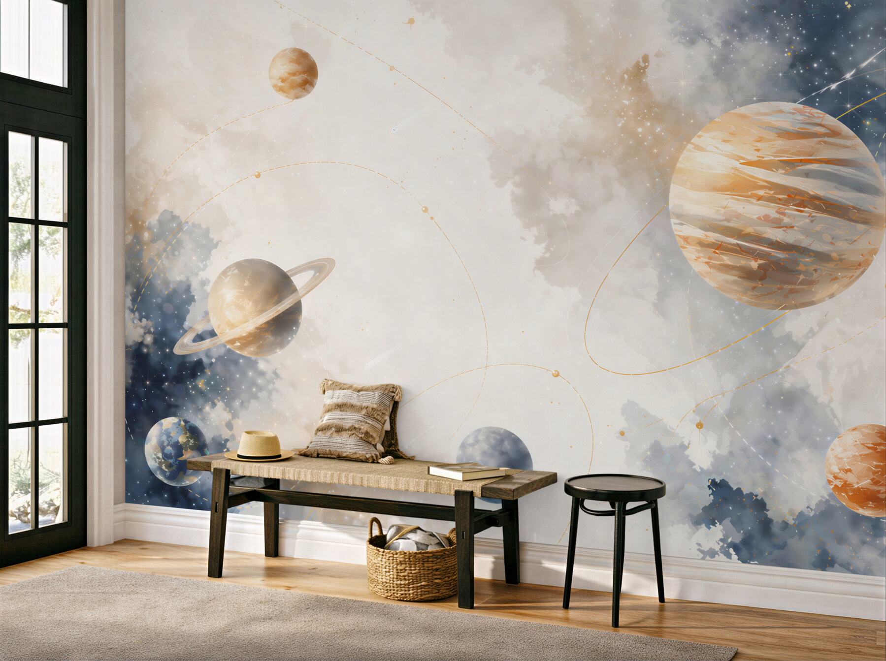 Fototapeta planety w chmurach pastelowy kosmos do pokoju dziecka