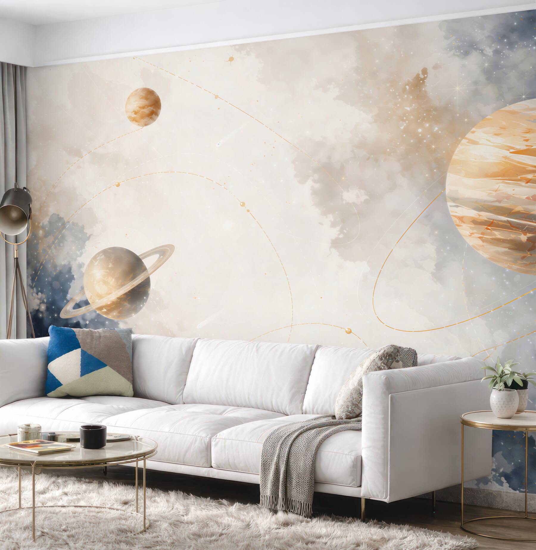Fototapeta planety w chmurach pastelowy kosmos do pokoju dziecka