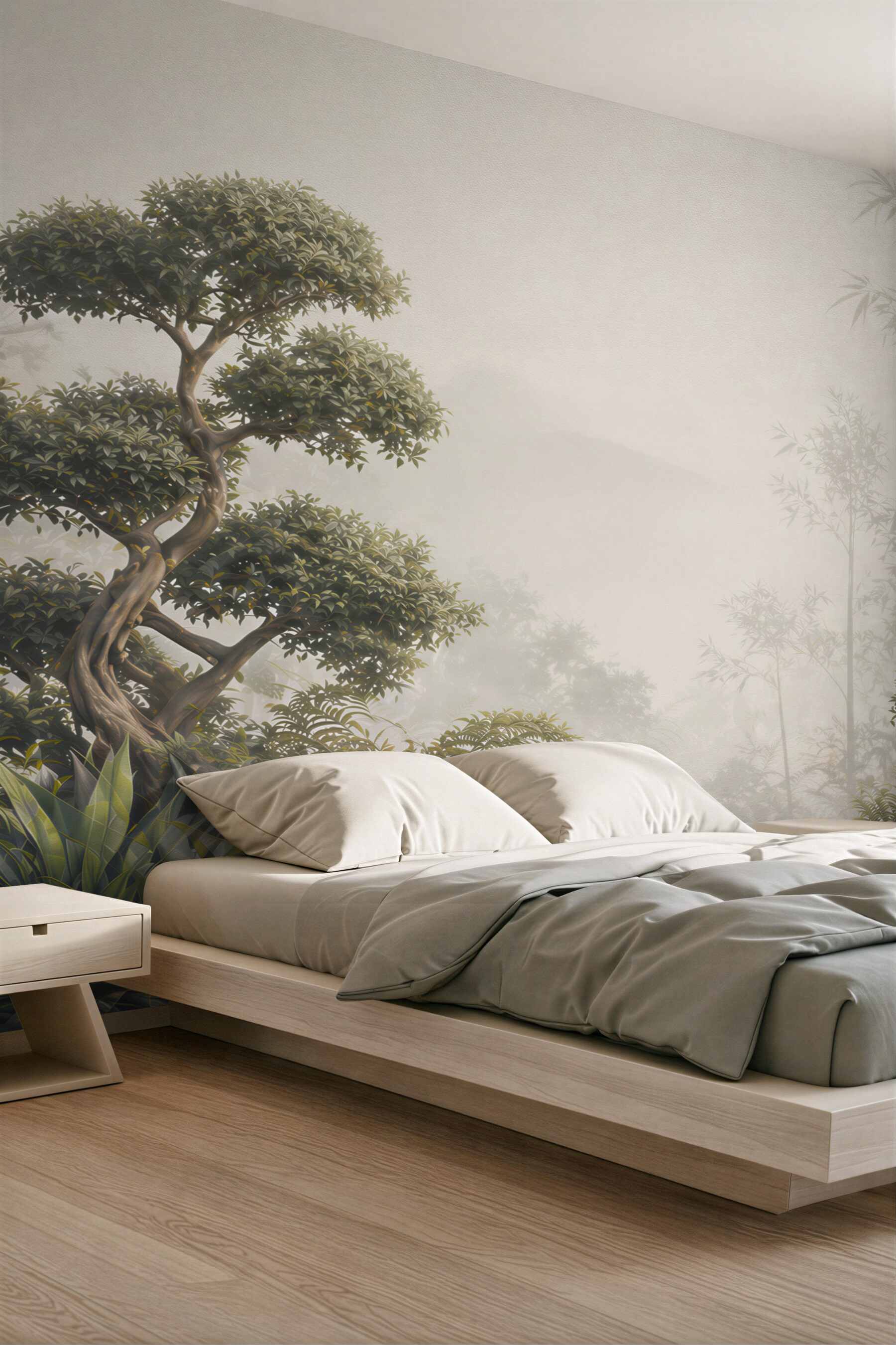 Fototapeta bonsai i bambus we mgle w stylu japońskiego ogrodu