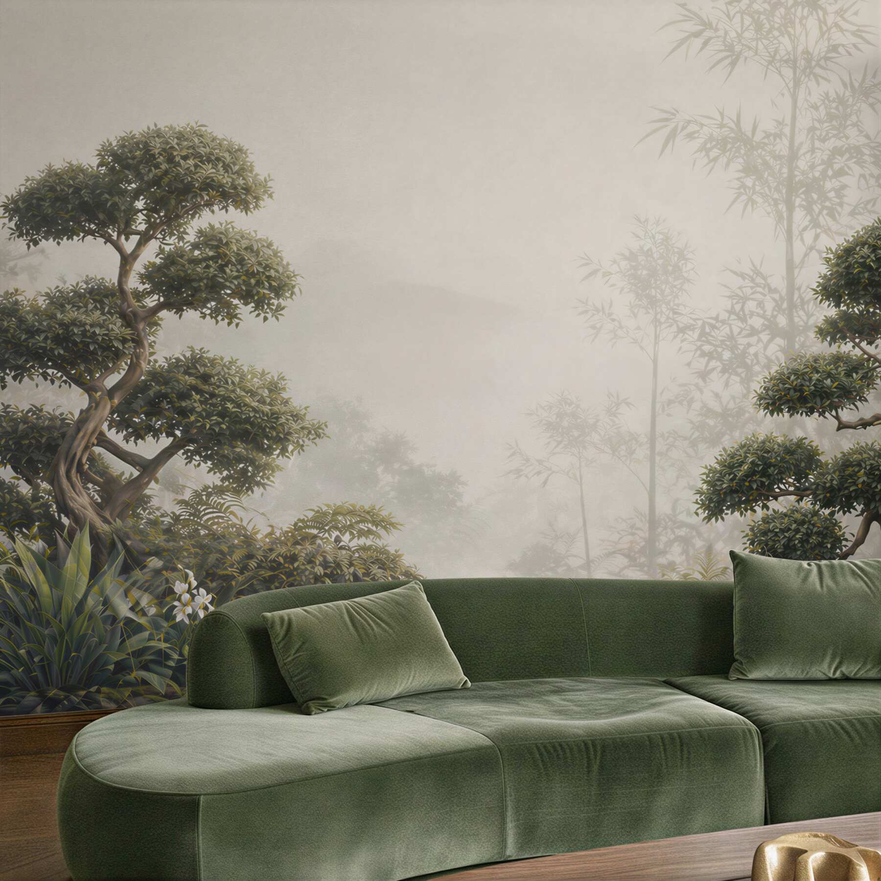 Fototapeta bonsai i bambus we mgle w stylu japońskiego ogrodu