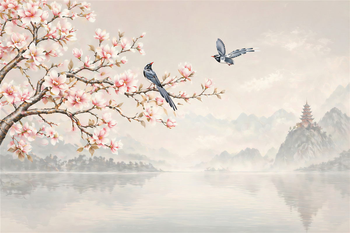 Fototapeta kwitnąca magnolia z ptakami nad jeziorem w orientalnym stylu