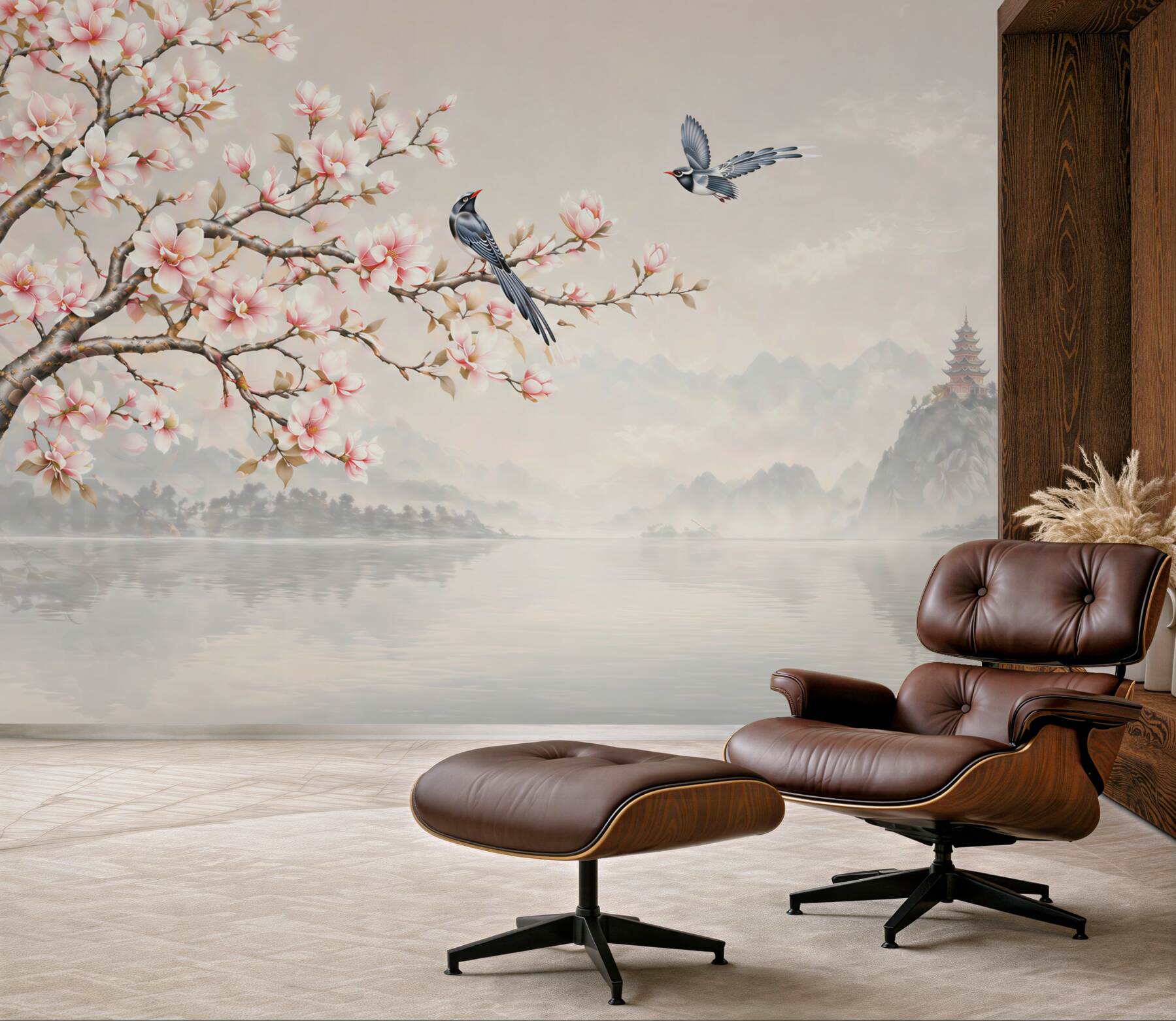 Fototapeta kwitnąca magnolia z ptakami nad jeziorem w orientalnym stylu