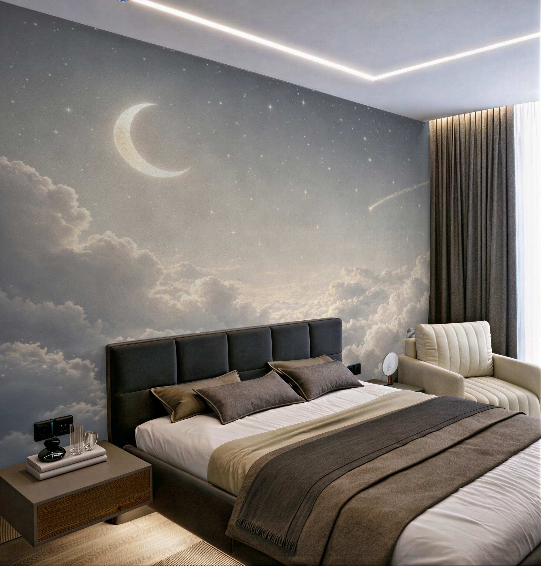 Fototapeta księżyc i spadająca gwiazda wśród chmur nocne niebo